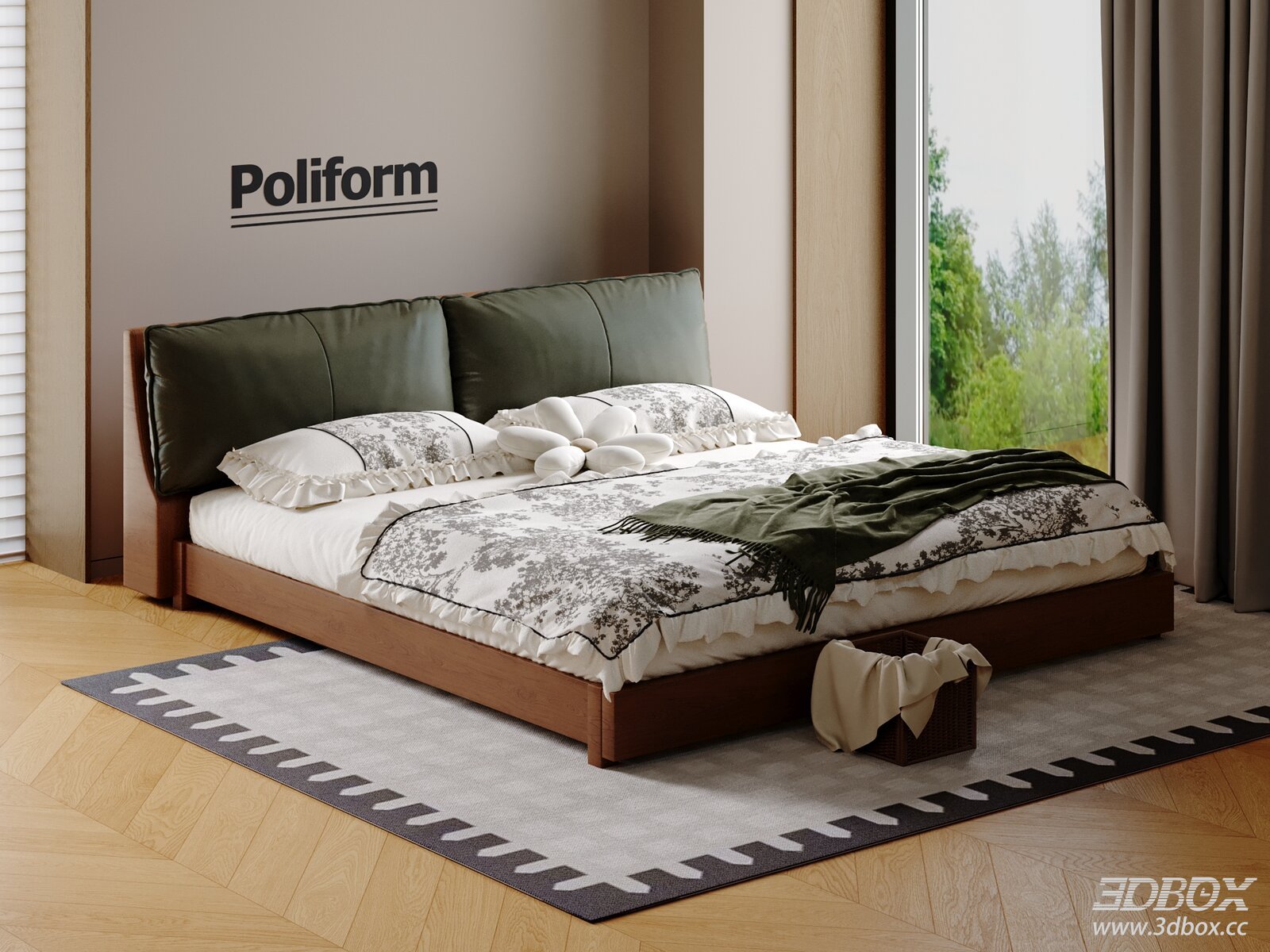 Modern Mid Century Double Bed with Leather Headboard 3D model - front view