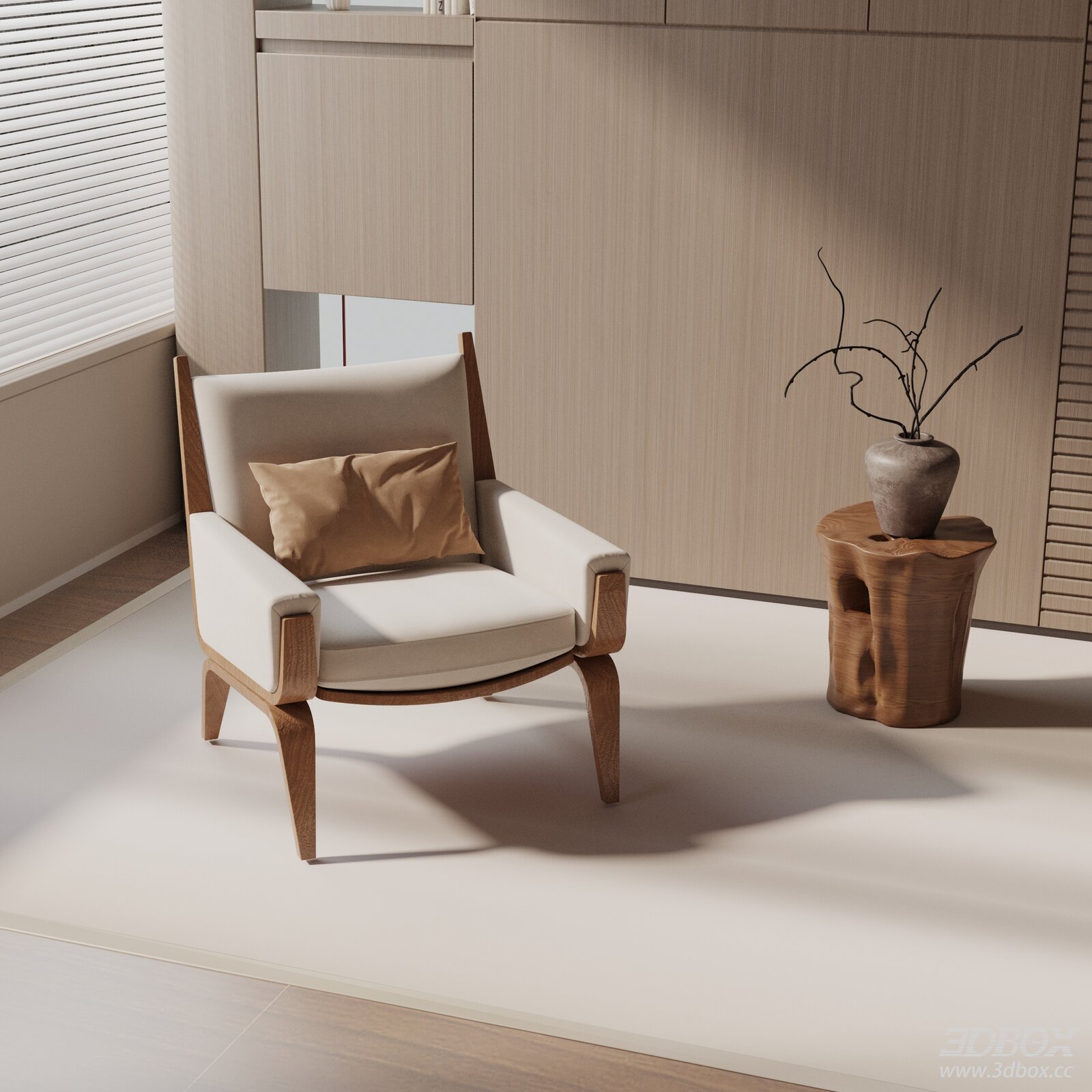 Modern Wooden Frame Fabric Upholstered Armchair 3D model - front view
