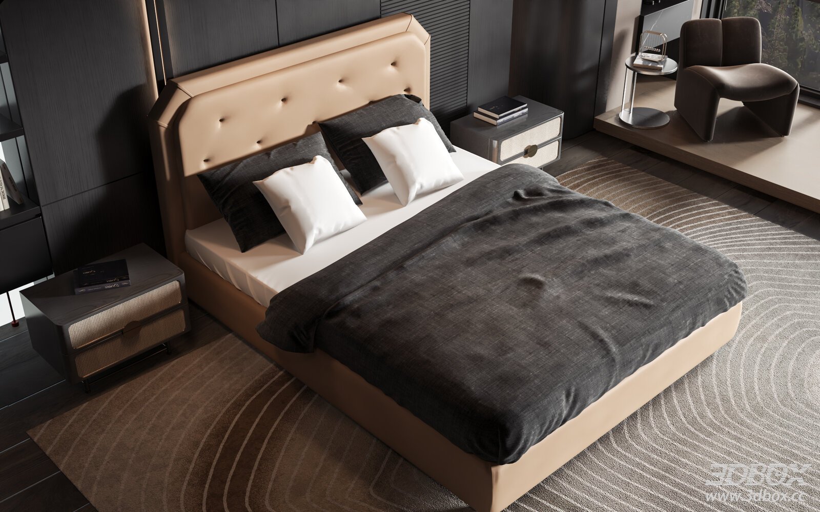 Modern Luxury Leather Upholstered Bedroom Set 3D model - front view