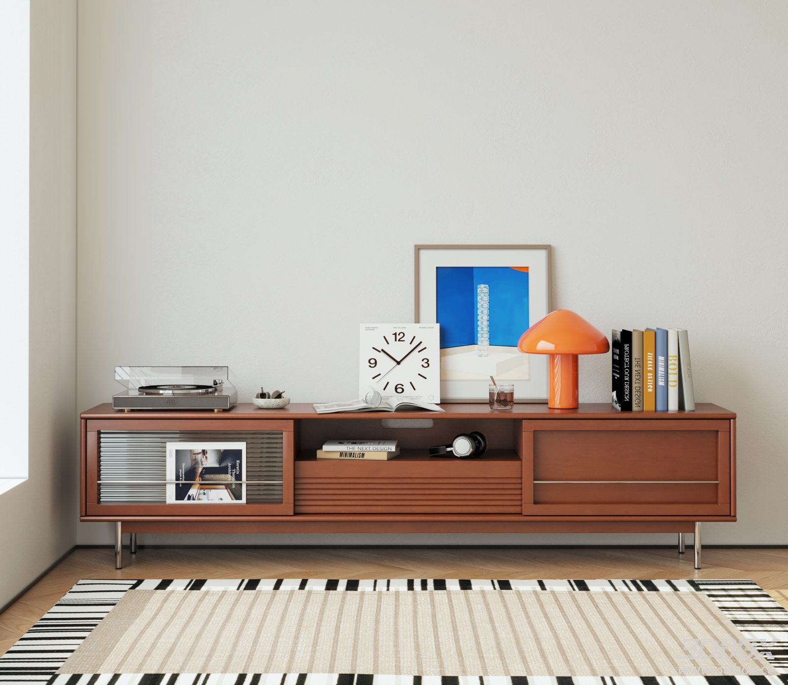 Mid Century Bauhaus Wooden TV Cabinet with Decorations 3D model - front view