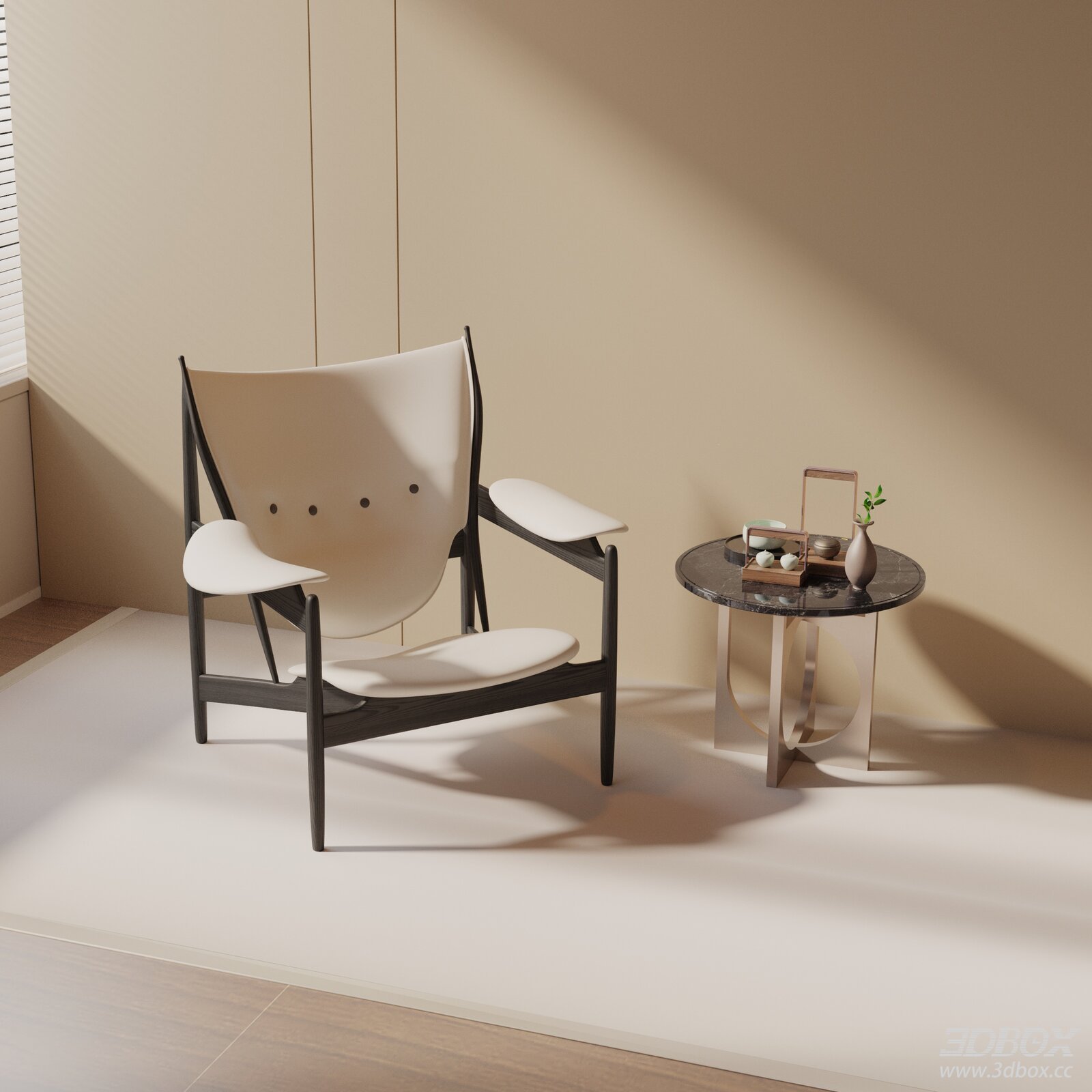 Modern Minimalist Leather Armchair with Marble Side Table 3D model - front view
