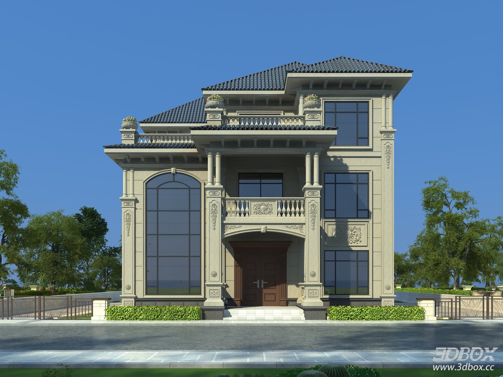 European Style Luxury Villa Exterior Scene 3D model - front view