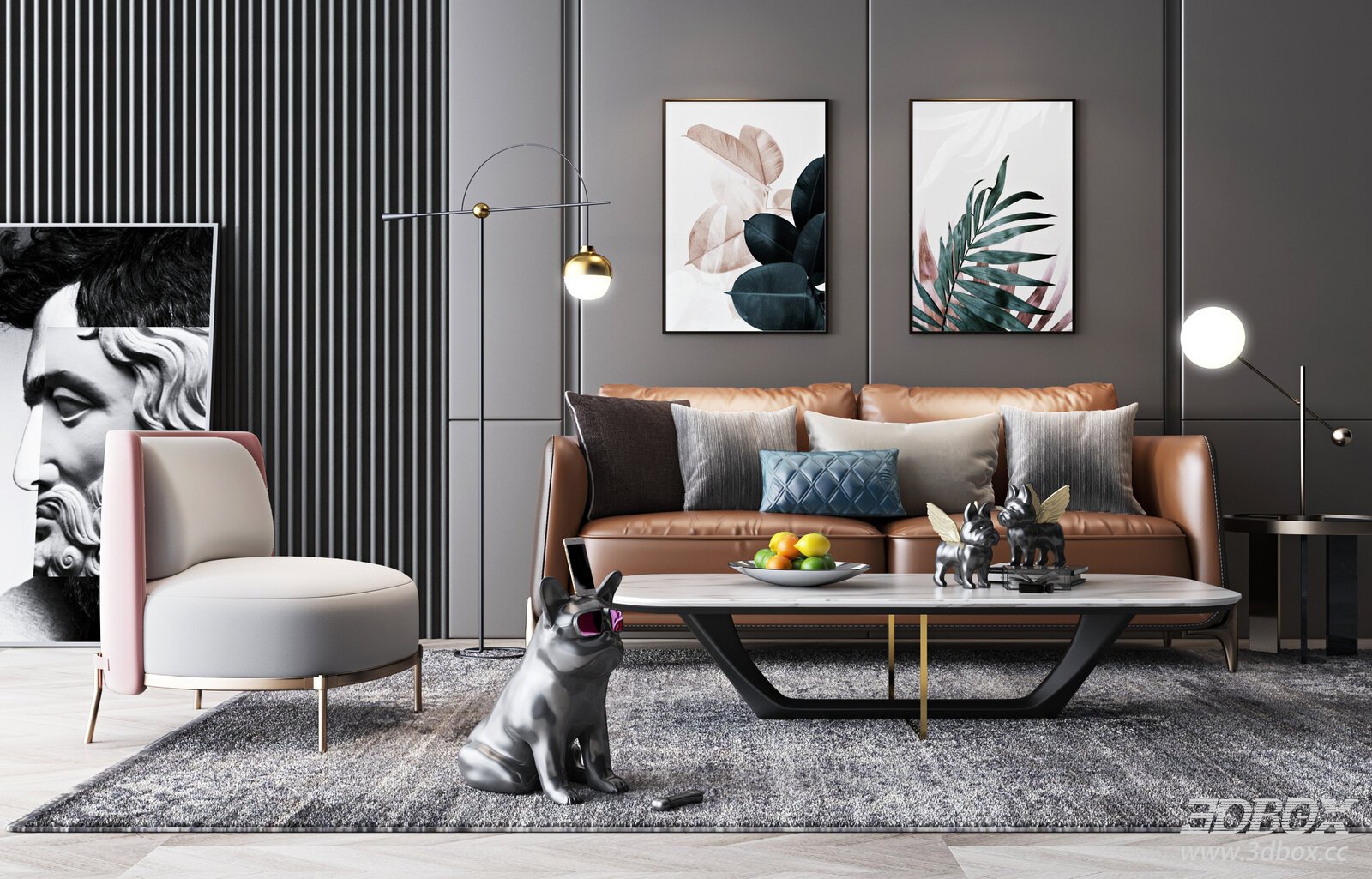Modern Luxury Leather Sofa Set Living Room Scene 3D model - front view