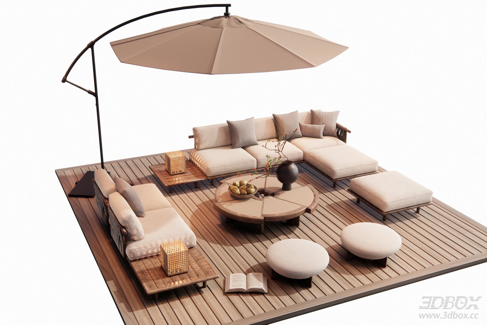 Modern Outdoor Sofa Set with Coffee Table and Patio Umbrella 3D model - front view