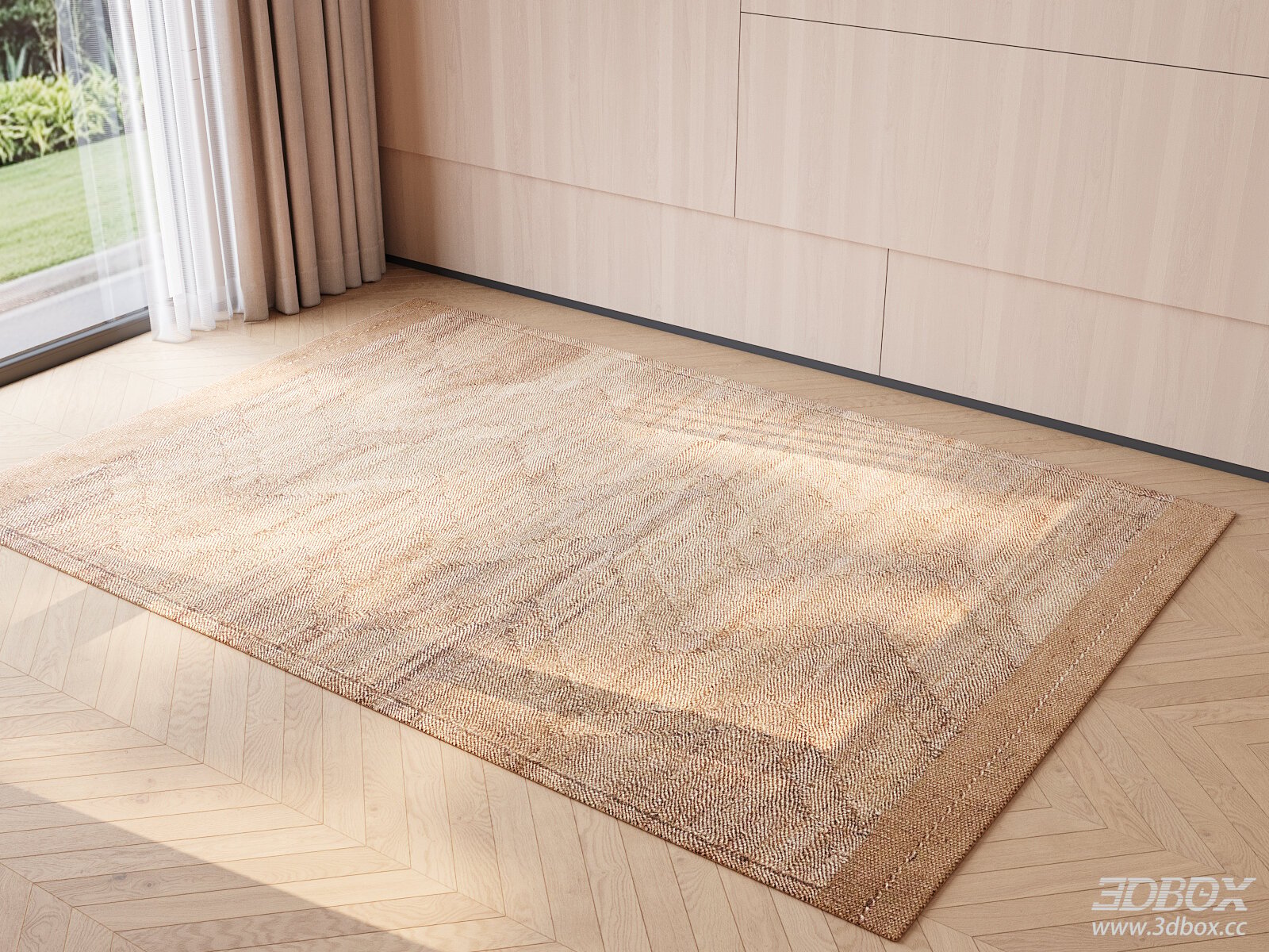 Modern Beige Wool Textured Carpet for Living Bedroom 3D model - front view
