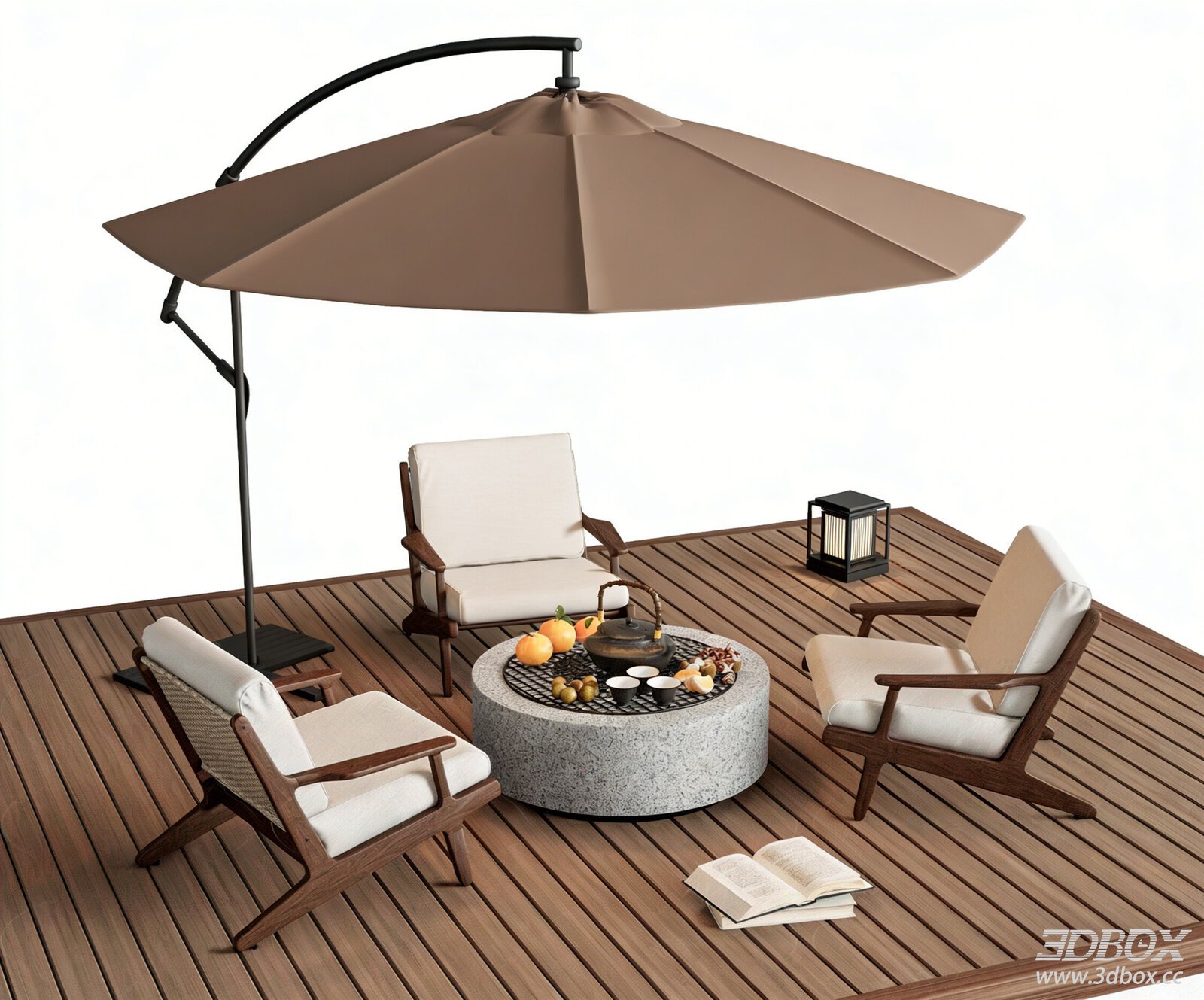 Modern Outdoor Patio Leisure Set with Parasol and Fire Pit Table 3D model - front view