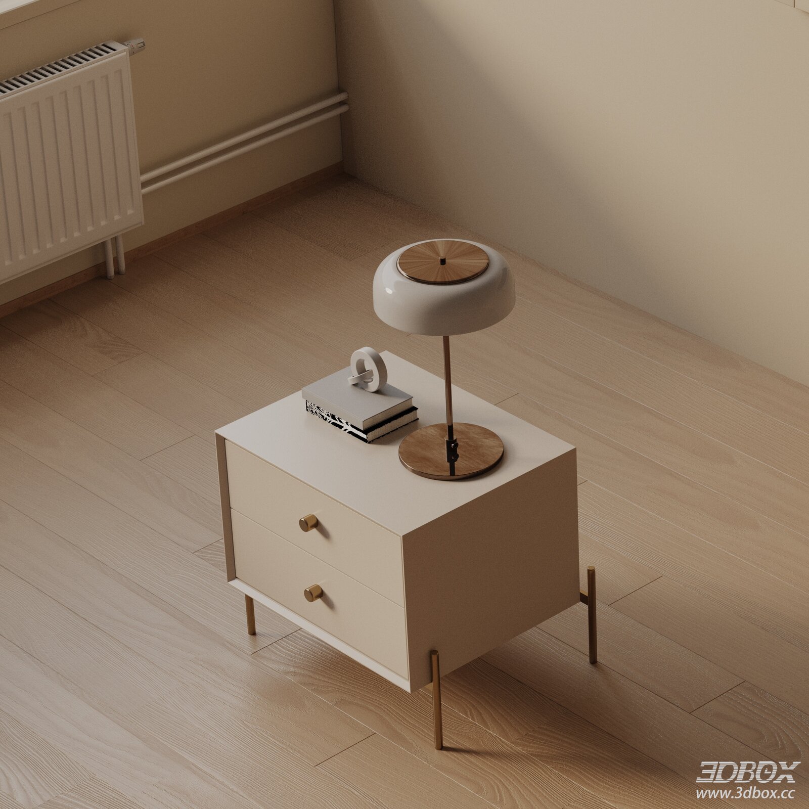 Modern Beige Nightstand with Brass Legs 3D model - front view