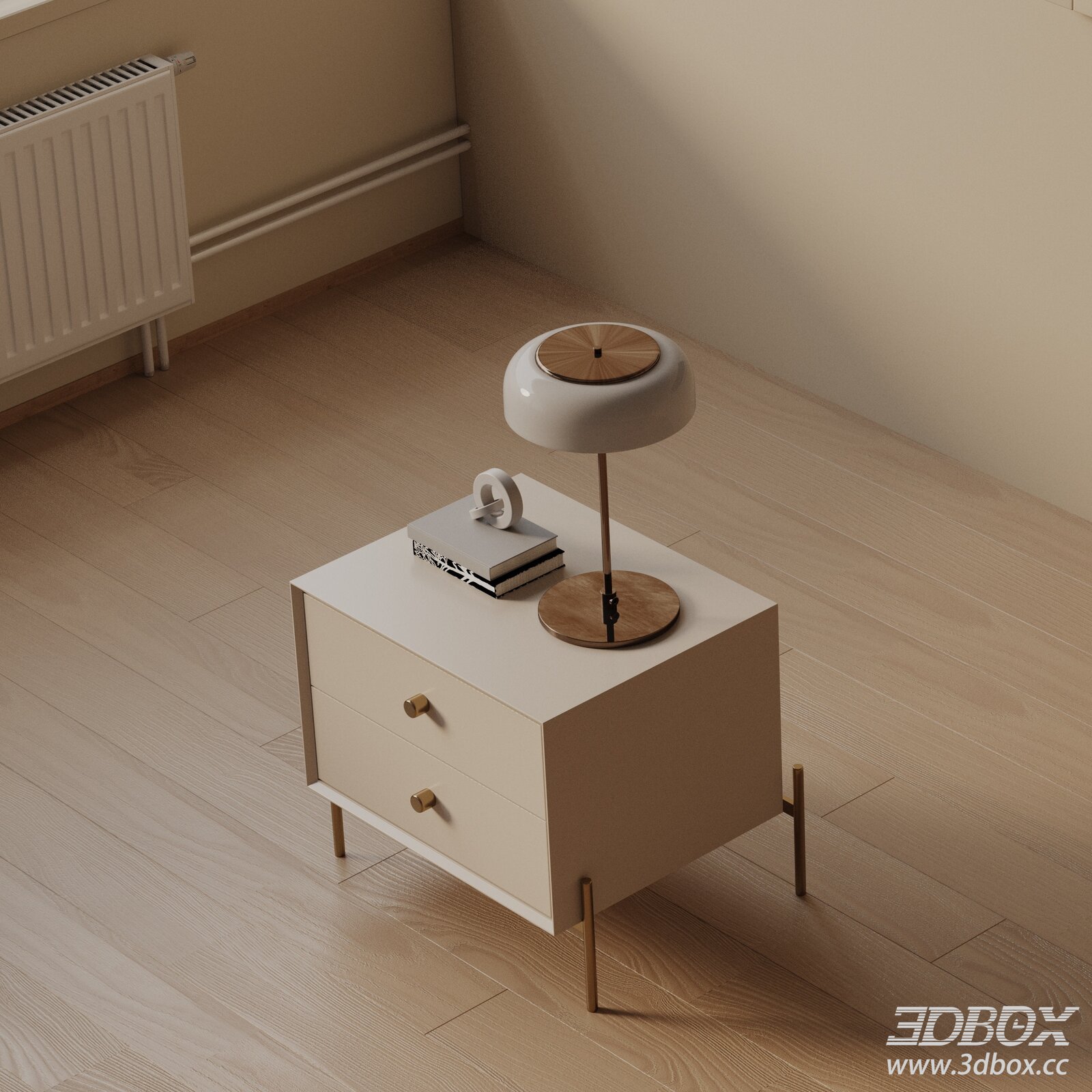 Modern Beige Nightstand with Brass Legs 3D model - thumbnail 1