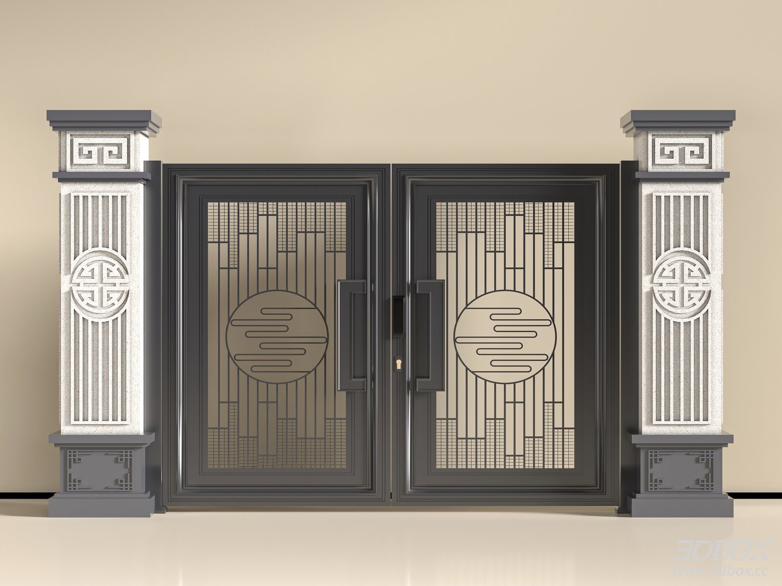 New Chinese Style Courtyard Double Door with Stone Pillars 3D model - front view