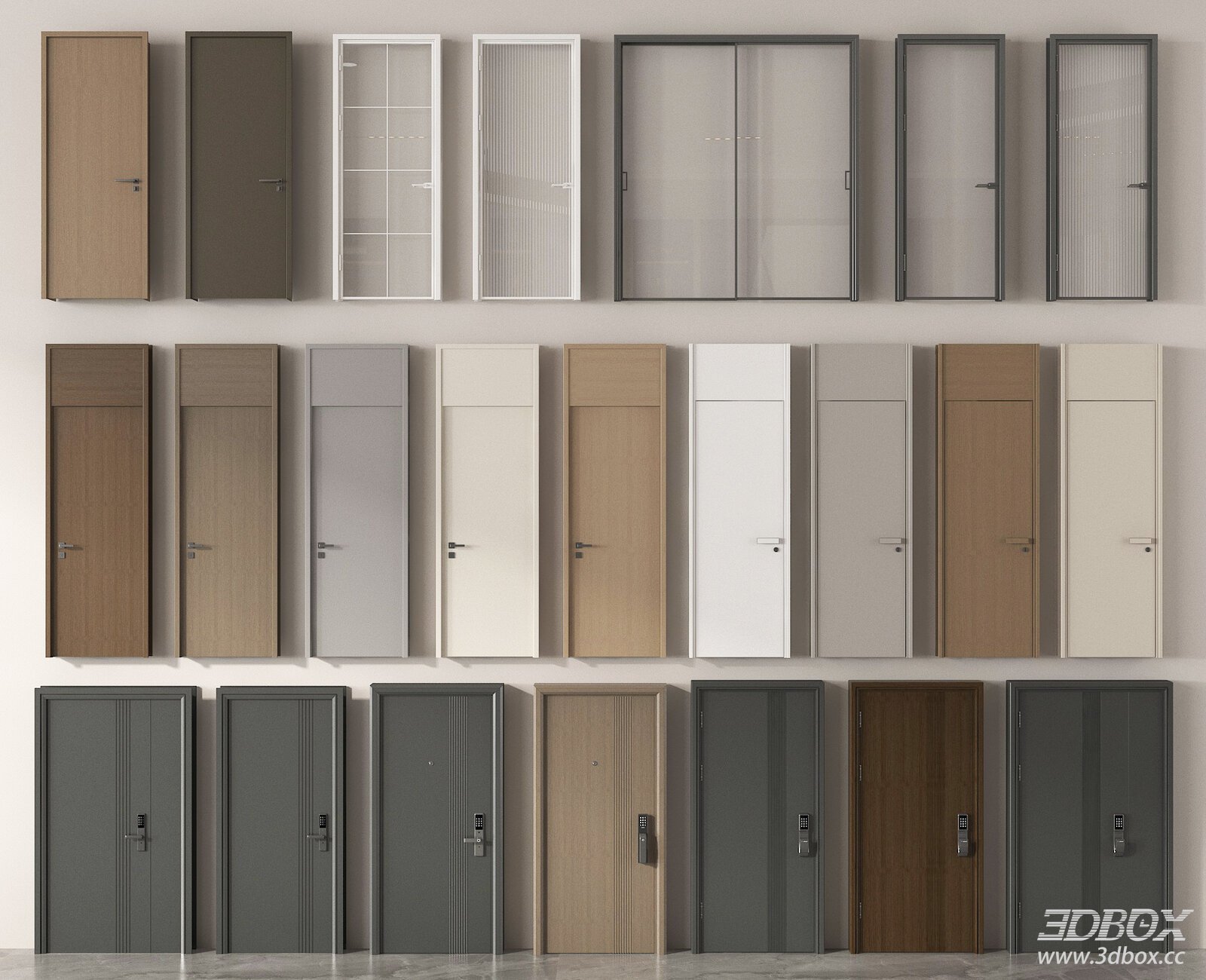 Modern Interior Entry Door Set, Wooden Glass Security Bedroom Doors 3D model - front view