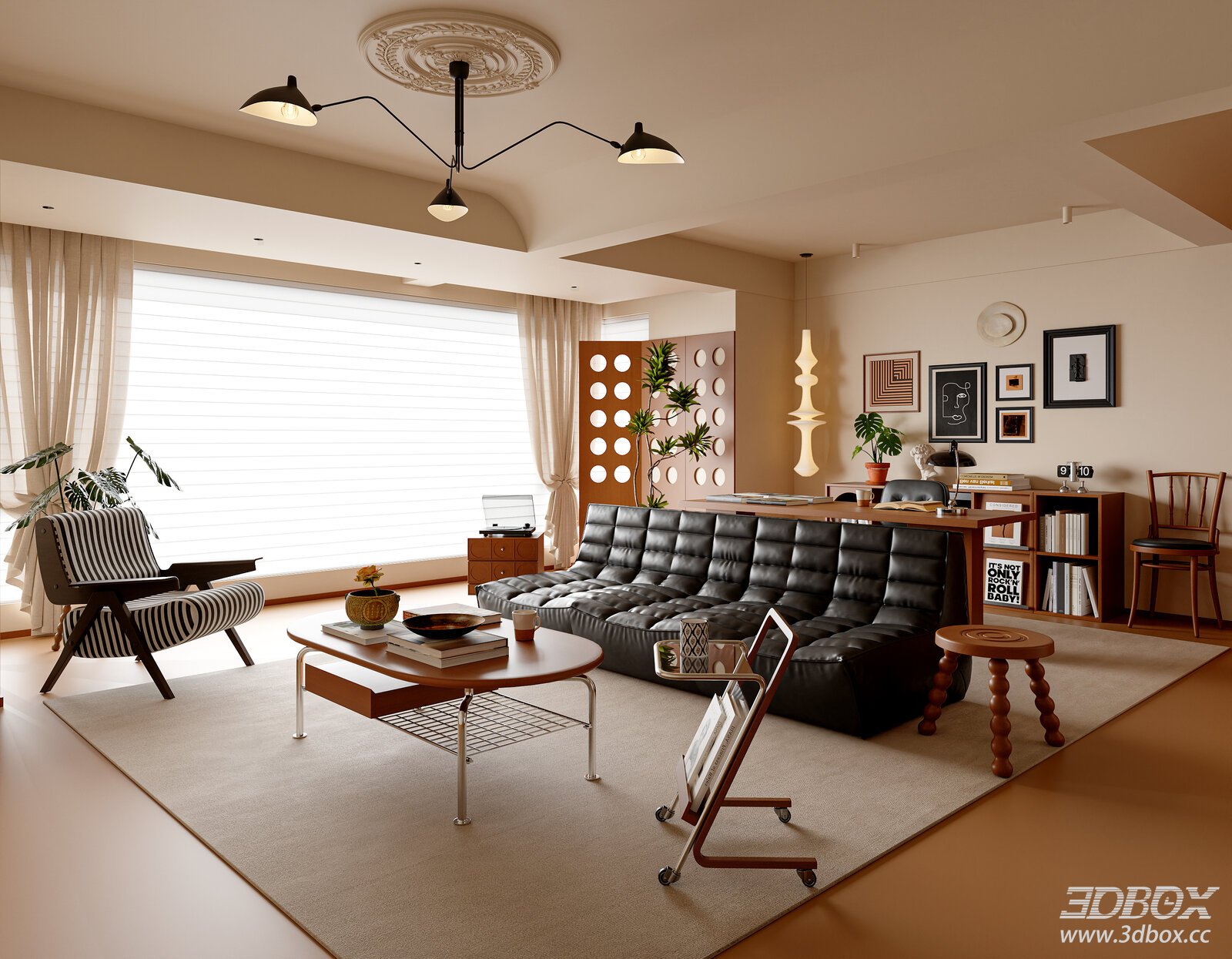 Modern Mid-Century Living Room with Sofa Coffee Table Workstation 3D model - front view