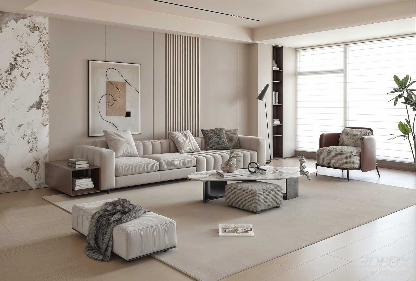 Modern Minimalist Living Room Sofa Coffee Table Furniture Set 3D model - front view
