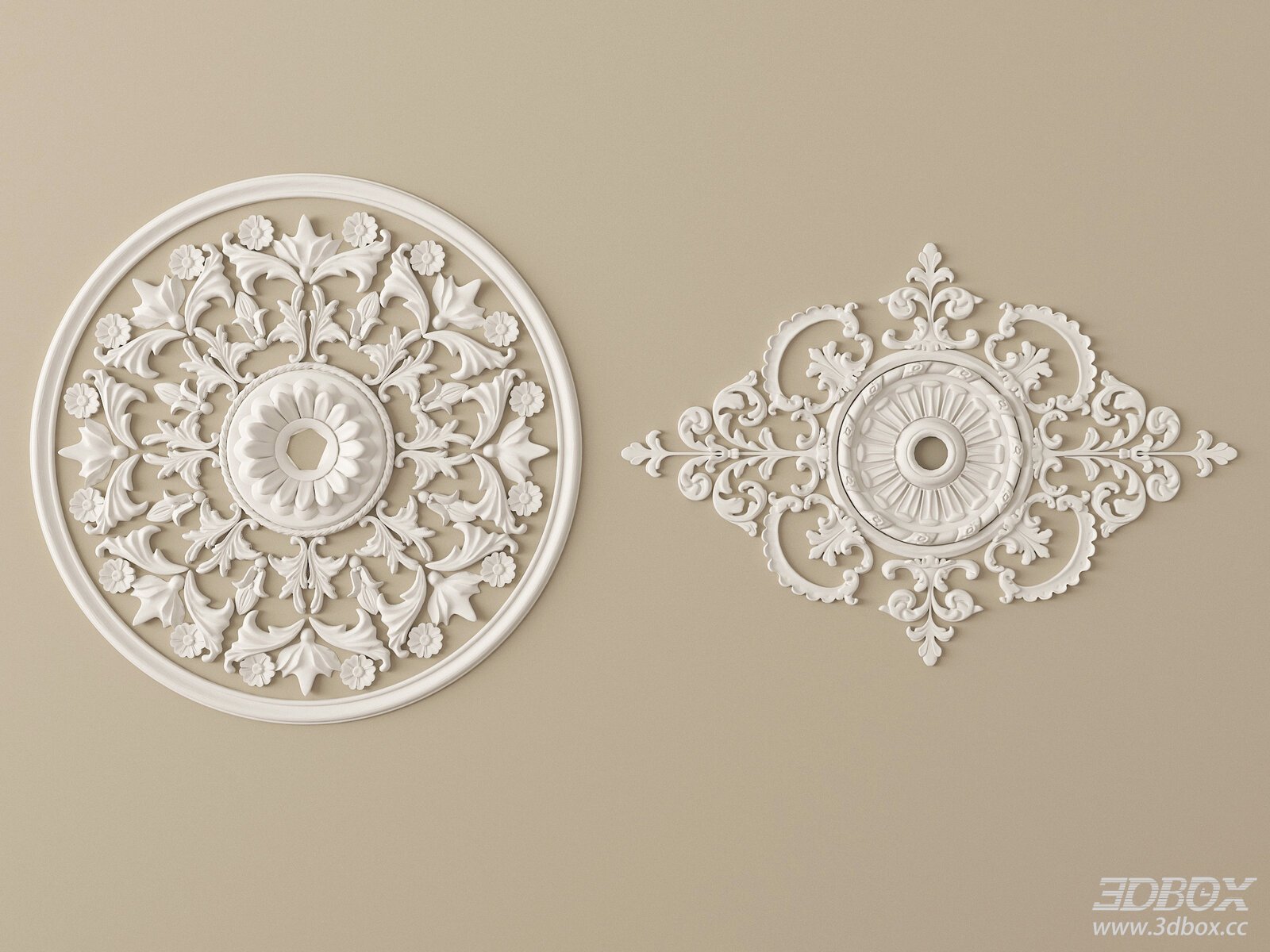 European Style Carved Gypsum Ceiling Rosette Set 3D model - front view
