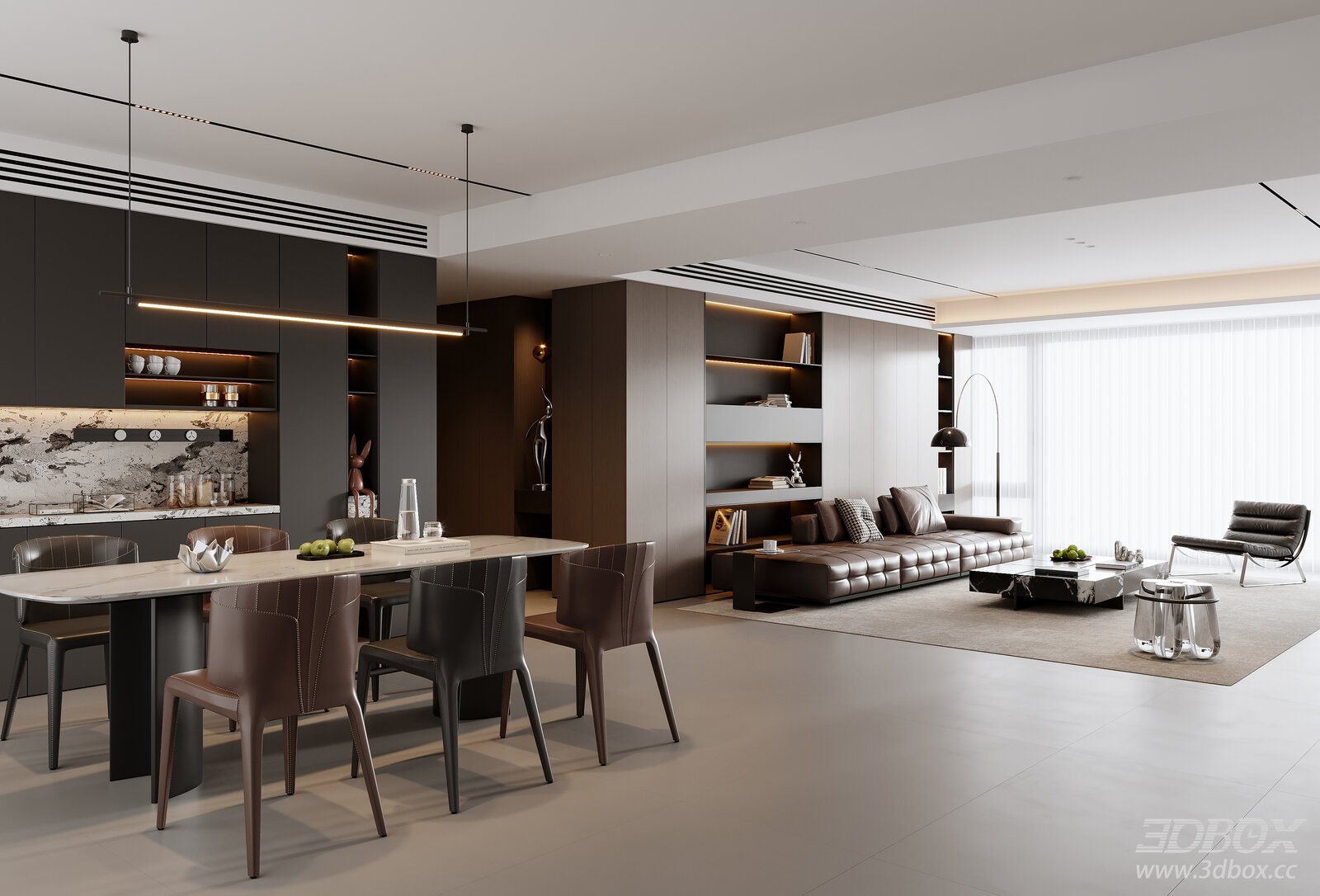 Modern Italian Style Living and Dining Room 3D model - front view