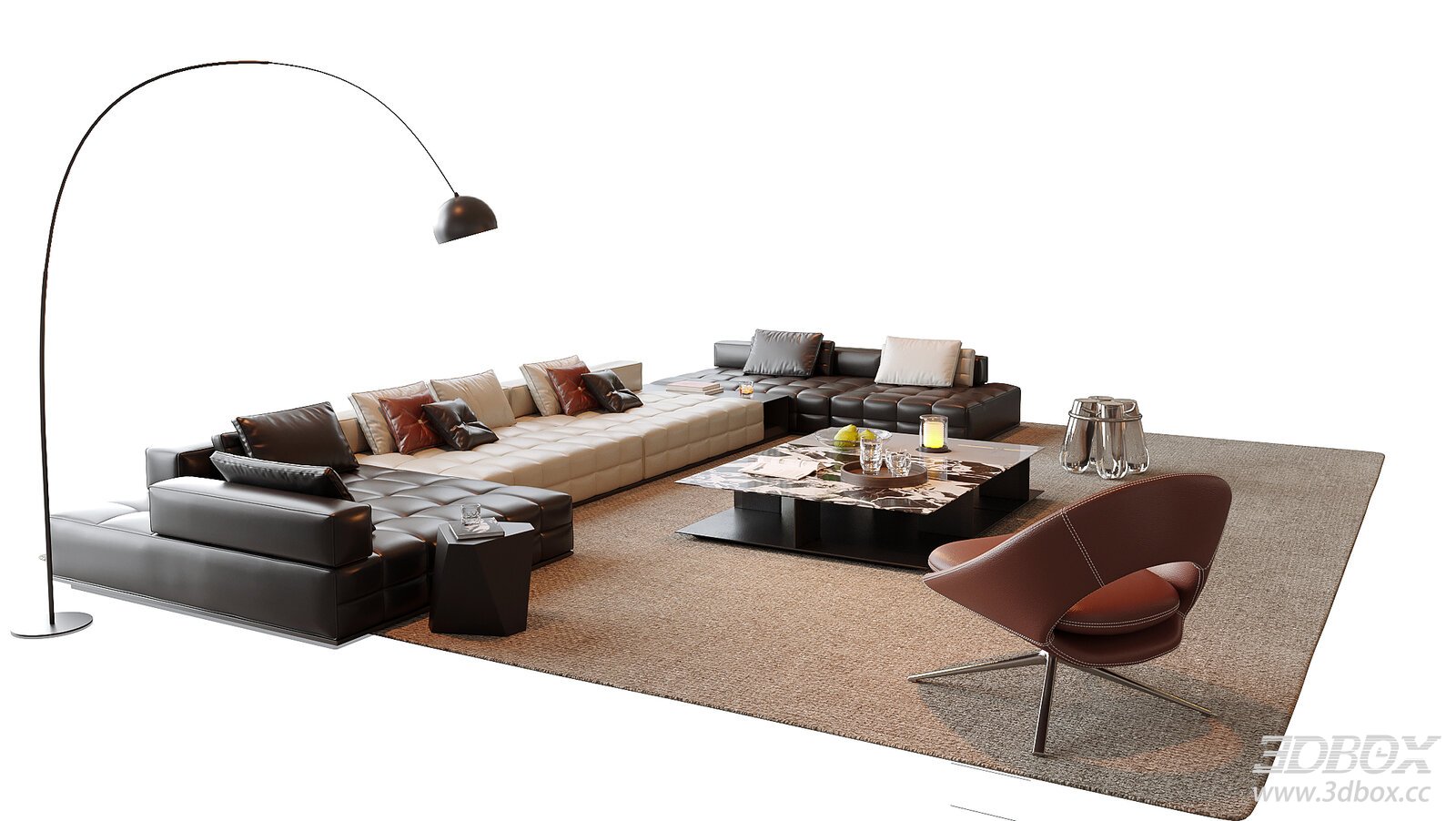 Modern Leather Sectional Sofa Set with Coffee Table and Armchair 3D model - front view