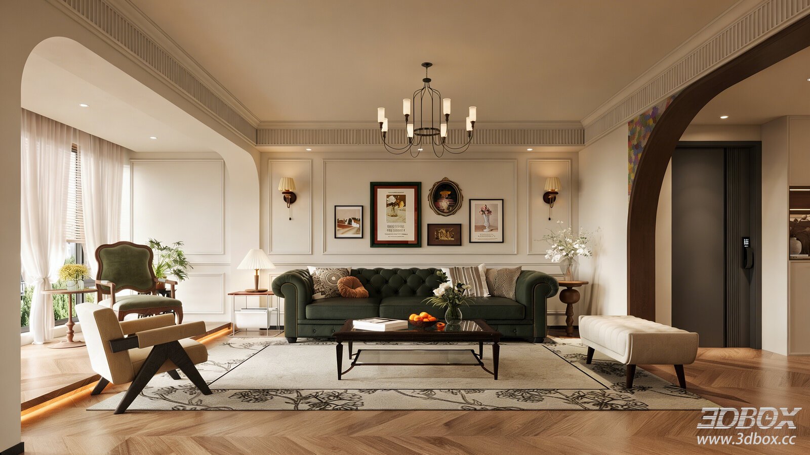 American Retro Open Living Room with Dining Kitchen Interior 3D model - front view