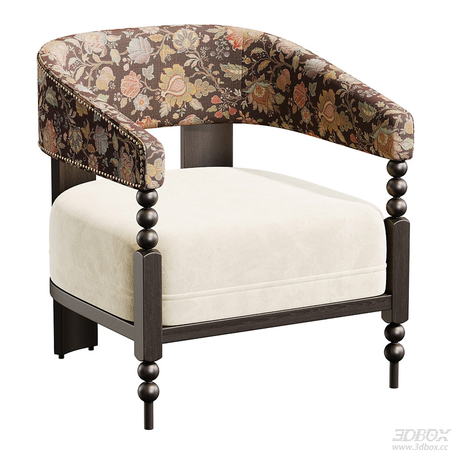 Vintage Floral Fabric Single Armchair with Wooden Frame 3D model - front view