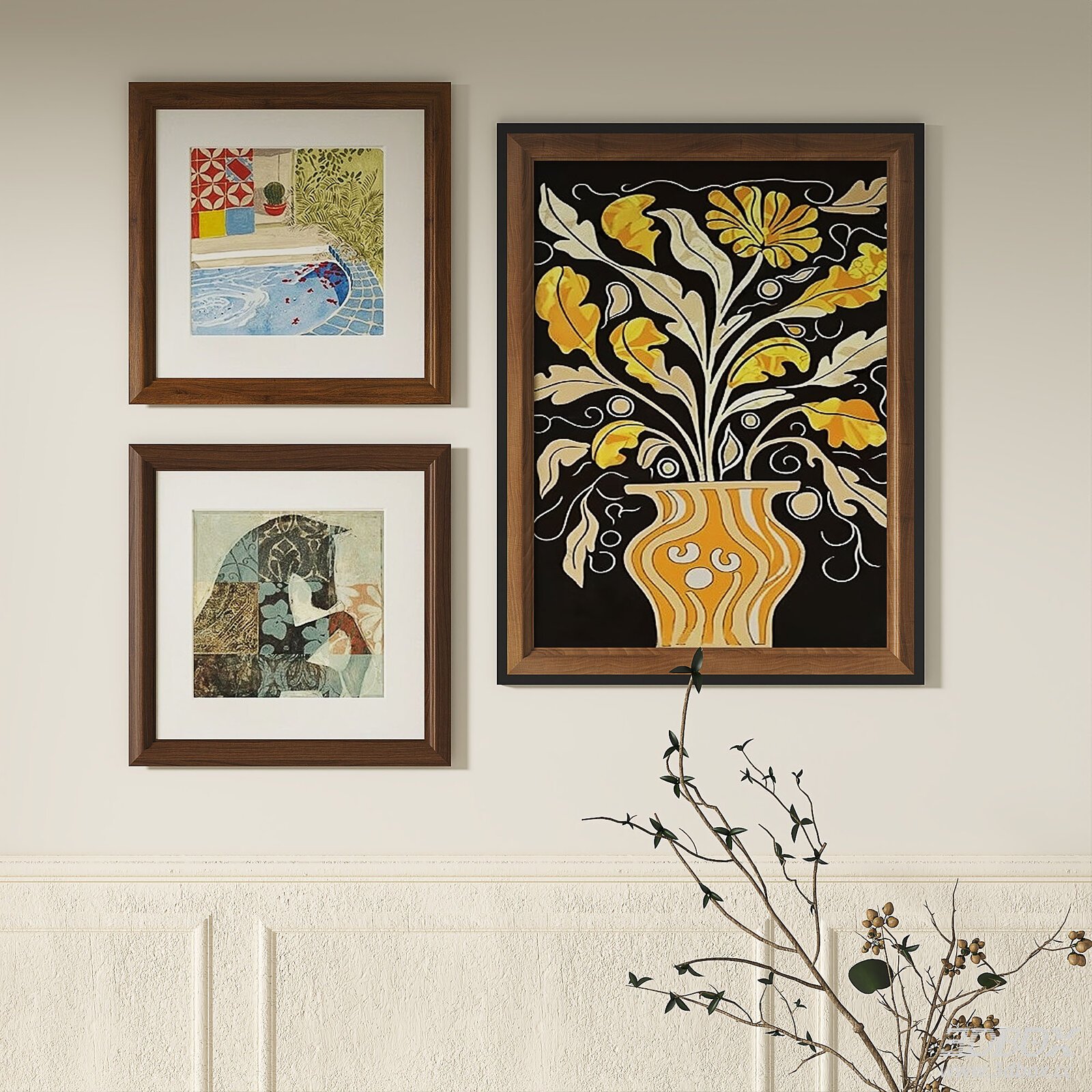 Retro Abstract Framed Wall Art Set, Light Luxury Wooden Picture Frames 3D model - front view