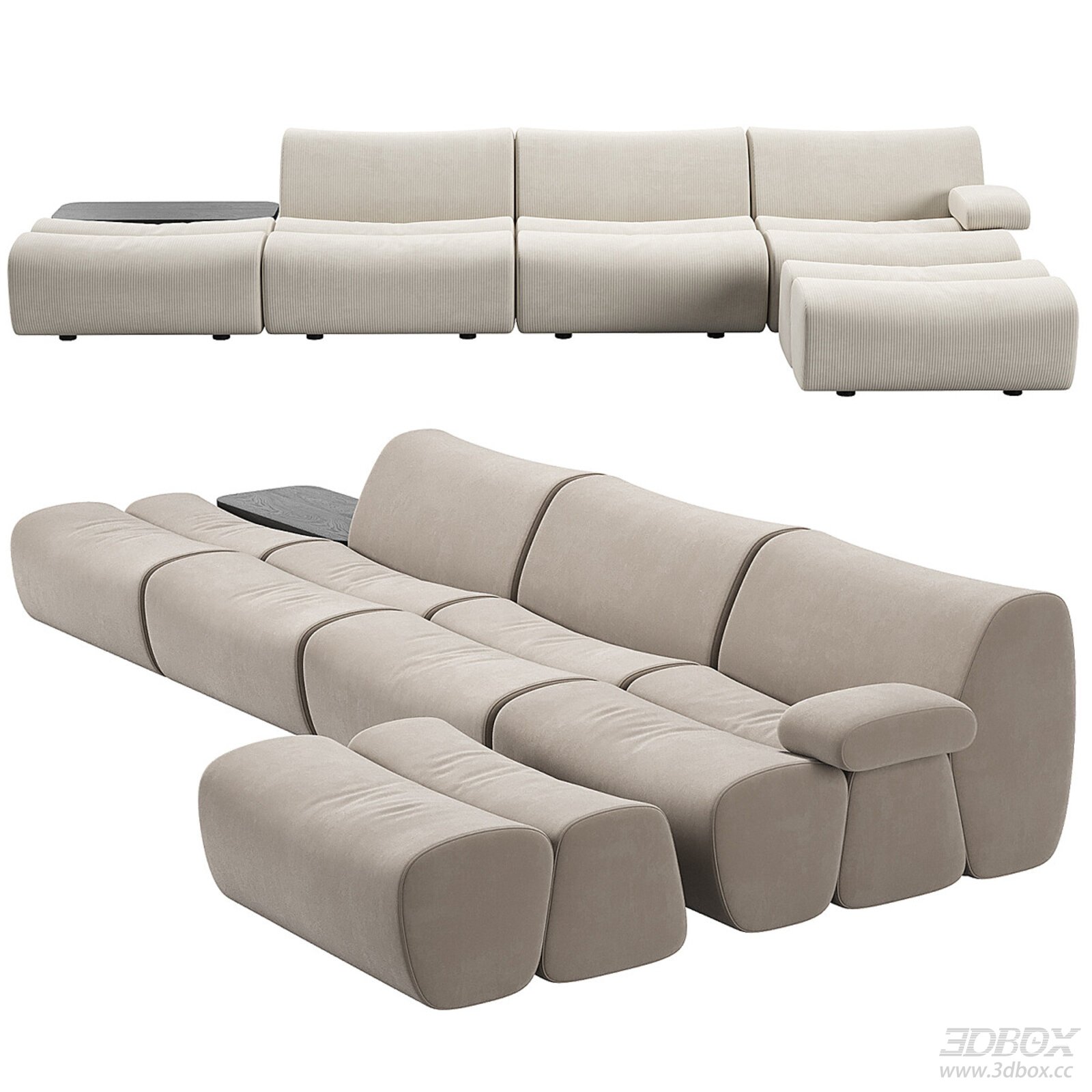 Modern Modular Fabric Sofa Set with Ottoman and Side Table 3D model - front view