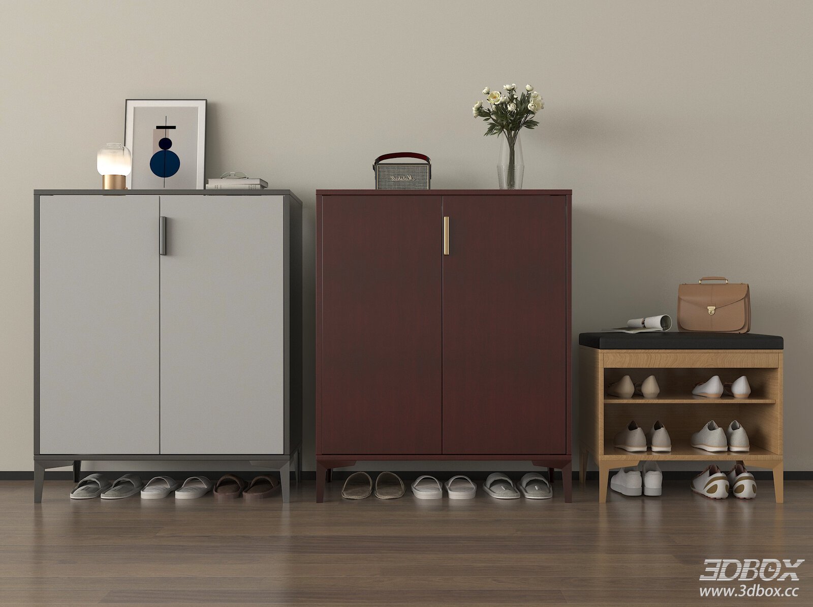 Modern Hallway Shoe Cabinet Set with Shoe Change Bench 3D model - front view