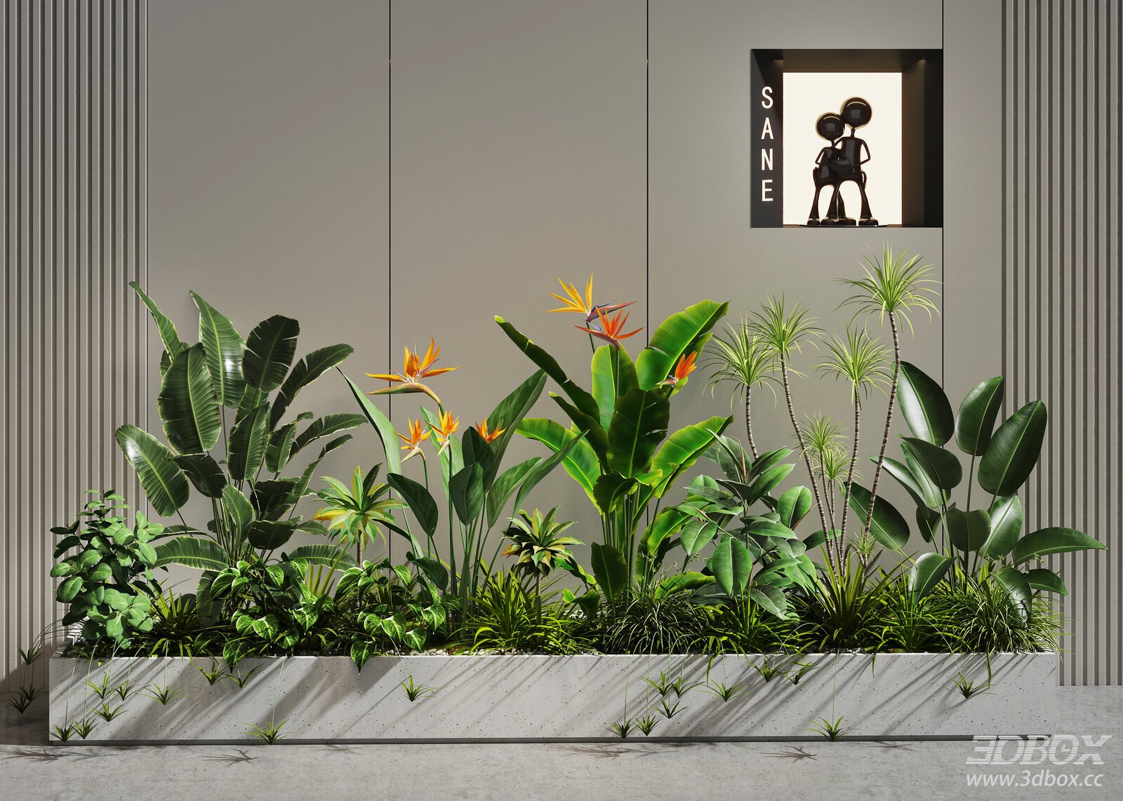 Indoor Tropical Plant Arrangement with Concrete Planter 3D model - front view