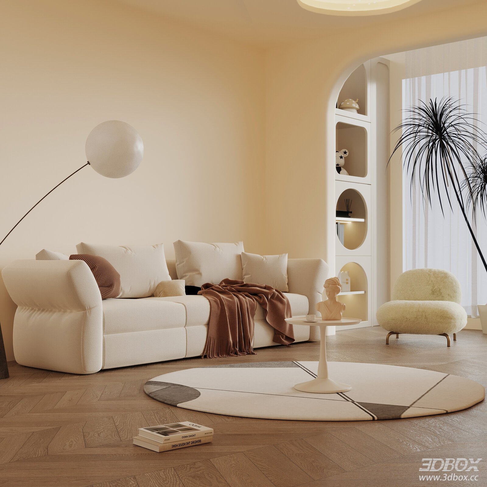 Modern Cream Style Living Room Sofa and Coffee Table Set 3D model - front view