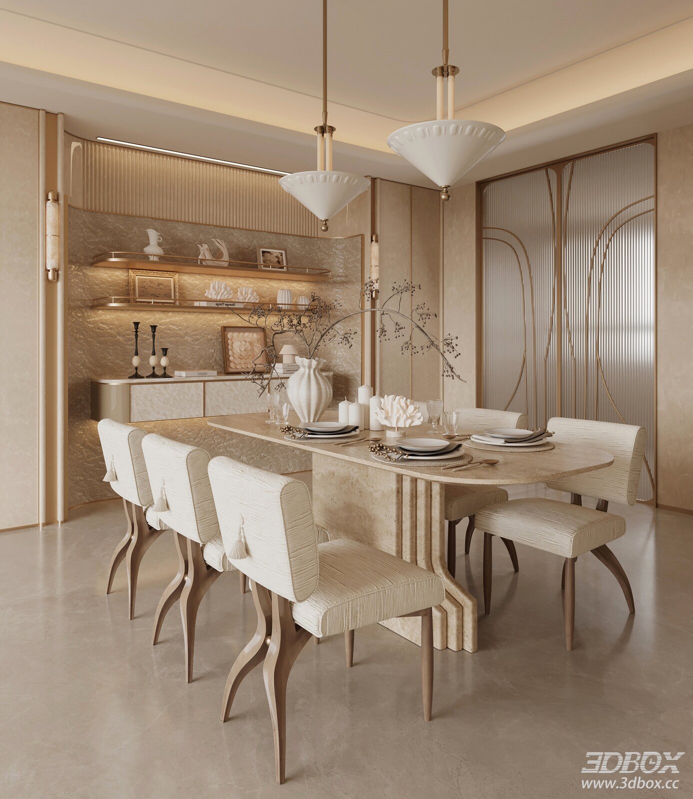 Modern Luxury Light Beige Dining Room Interior Scene 3D model - front view