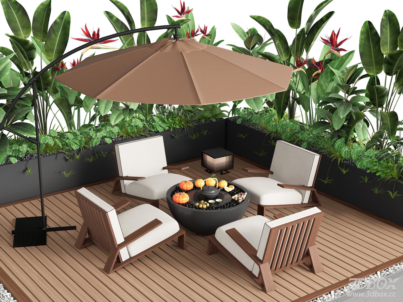 Modern Outdoor Patio Seating Set with Fire Pit and Umbrella 3D model - front view