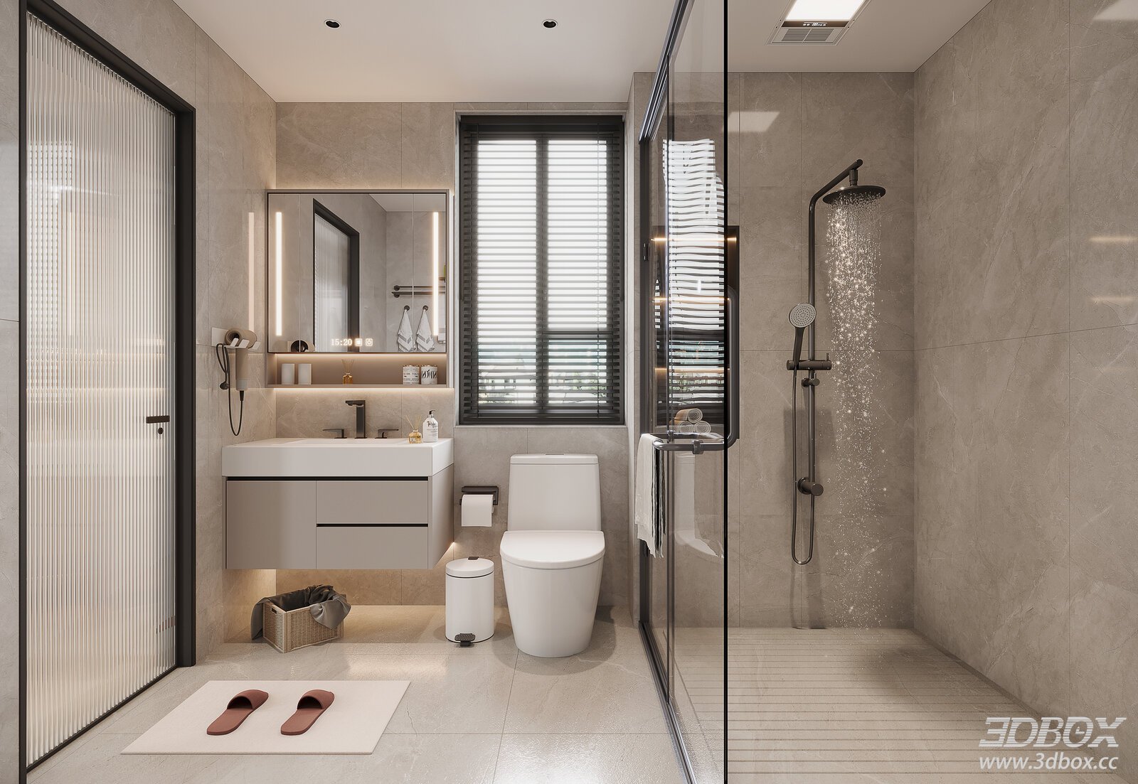Modern Minimalist Marble Tile Bathroom Scene 3D model - front view