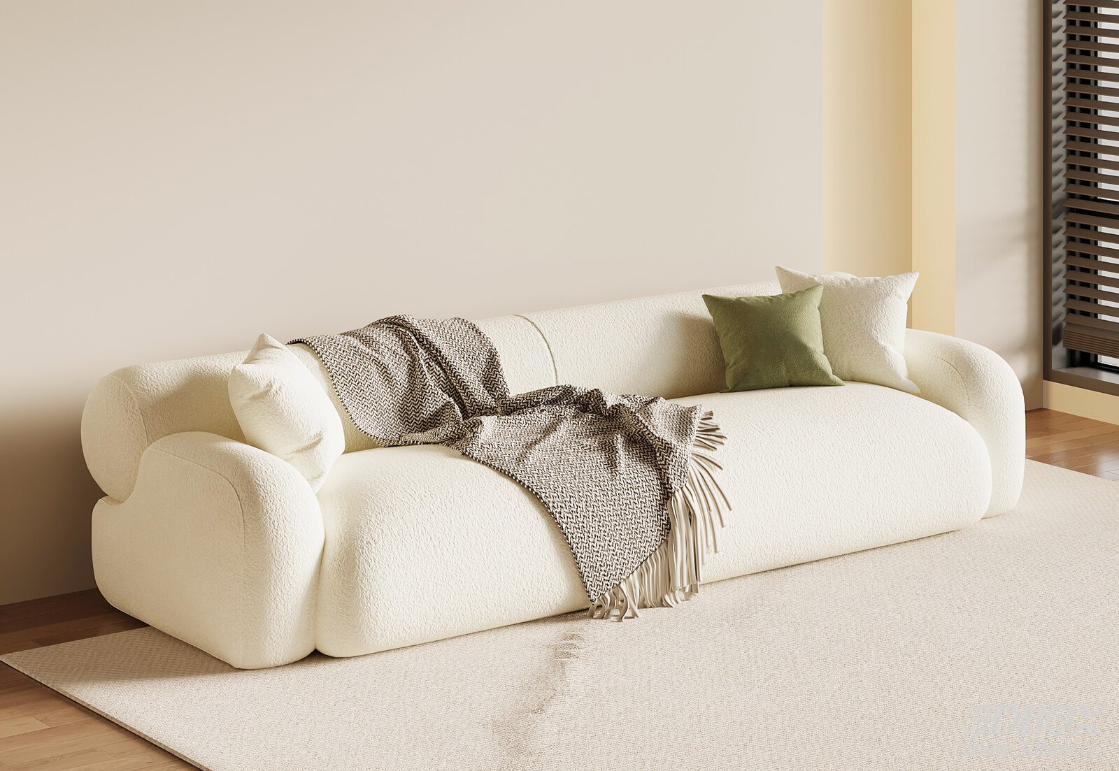 Modern Cream Style Boucle Fabric Sofa Set 3D model - front view