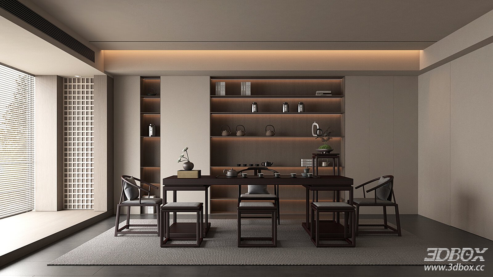 New Chinese Style Tea Room with Tea Table Furniture Set 3D model - front view
