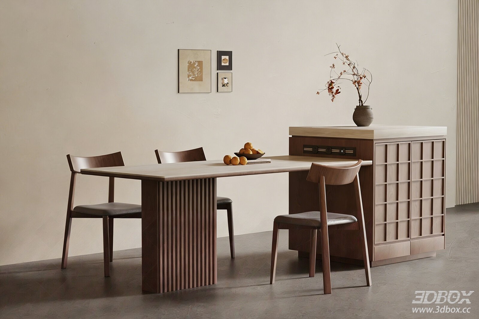 Mid-century Modern Dining Table Chairs with Kitchen Island Set 3D model - front view