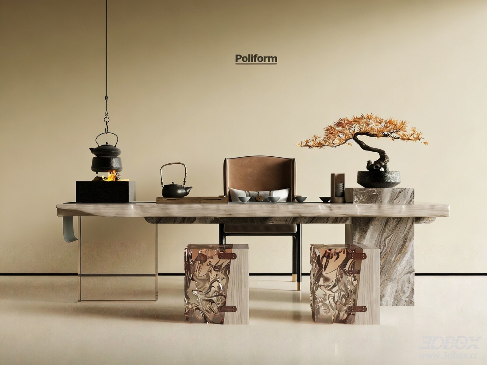 Modern Marble Tea Table Set with Tea Utensils and Bonsai 3D model - front view