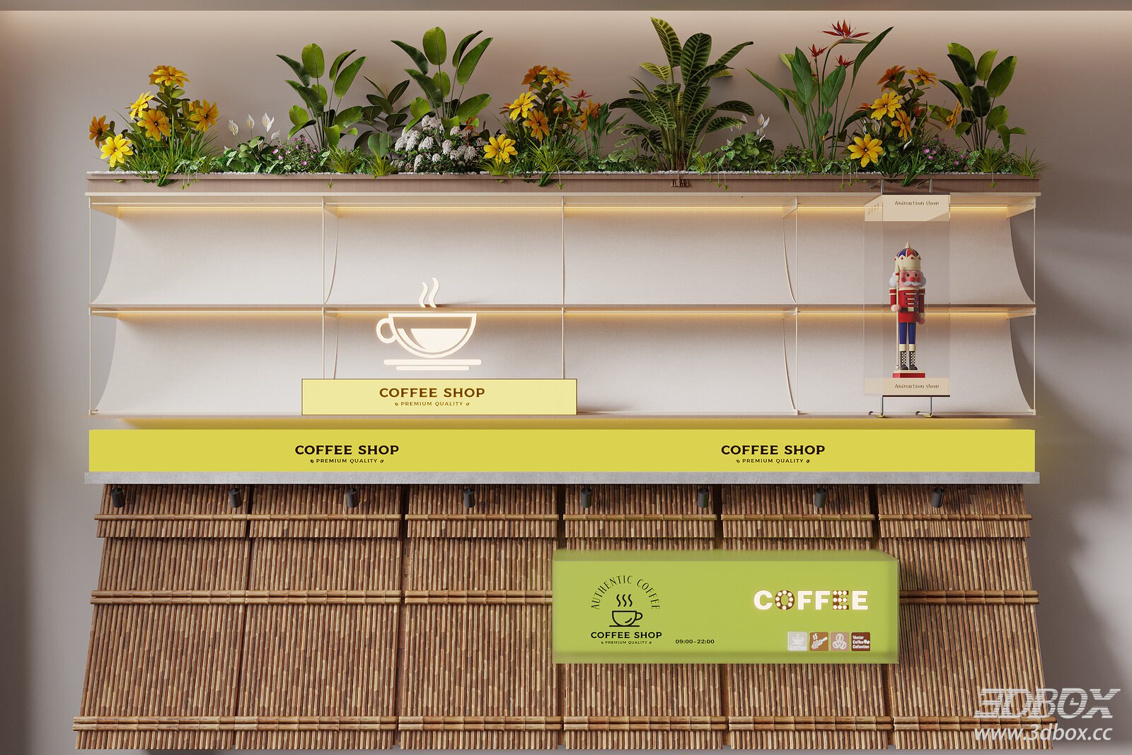 Modern Coffee Shop Facade With Illuminated Signage and Plants 3D model - front view