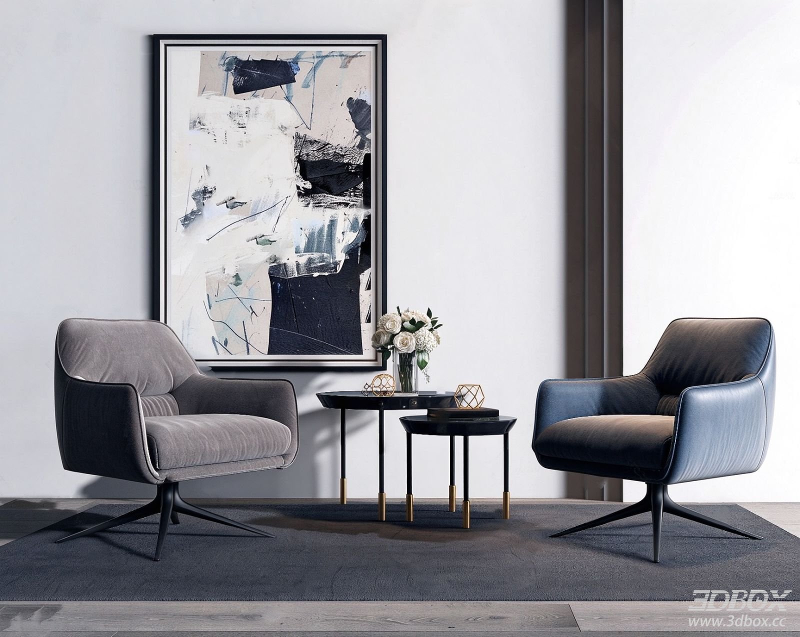 Modern Fabric Leather Armchairs with Nesting Side Tables Set 3D model - front view