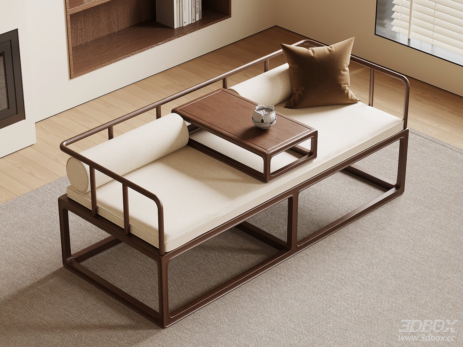 New Chinese Style Solid Wood Daybed Sofa with Tea Table 3D model - front view