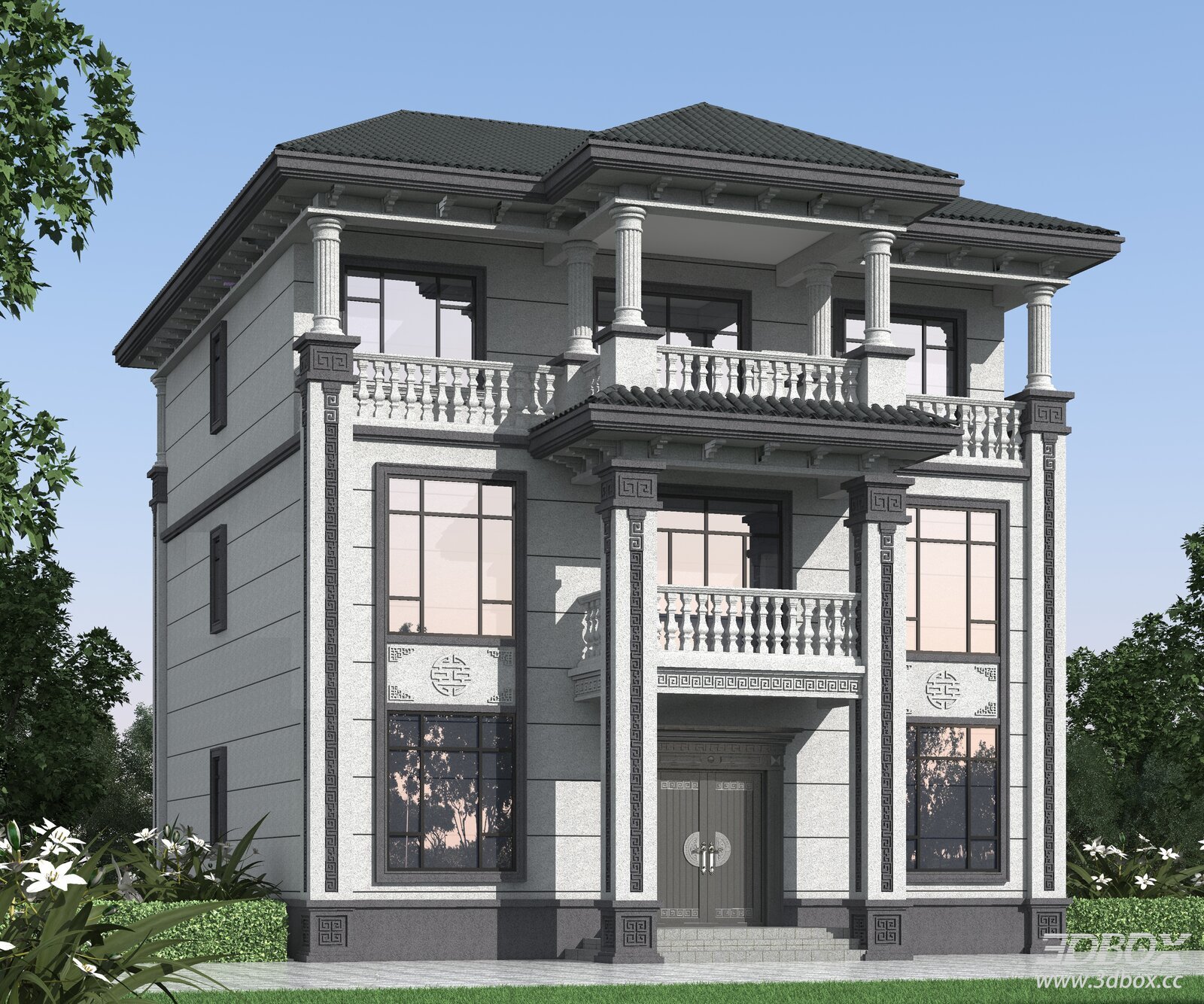 Chinese Style Luxury Villa Exterior Building 3D model - front view