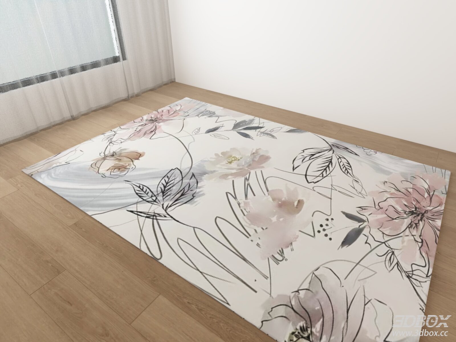 Watercolor Floral Pattern Soft Pink Carpet 3D model - front view