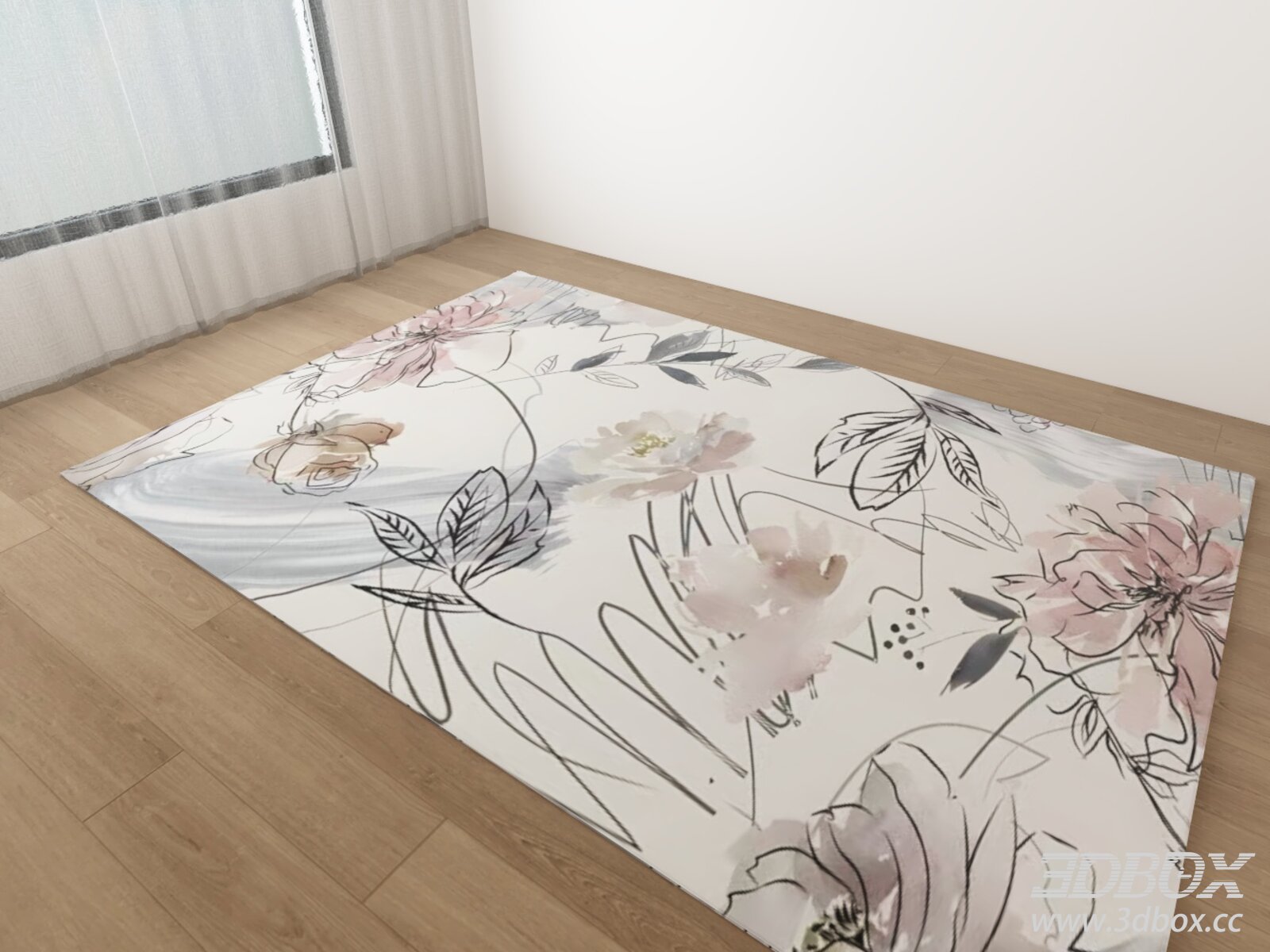 Watercolor Floral Pattern Soft Pink Carpet 3D model - thumbnail 1