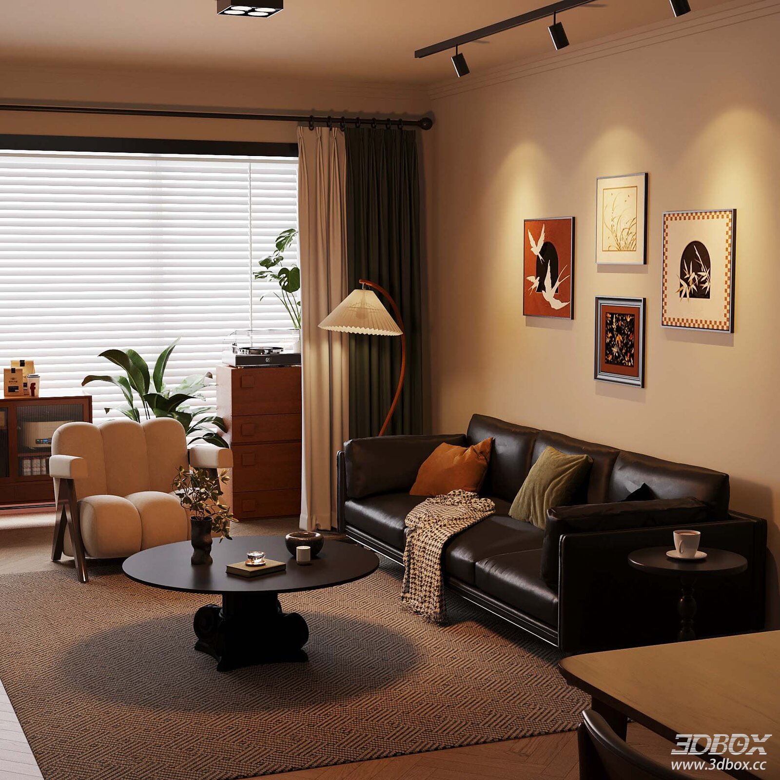 French Vintage Mid-century Modern Living Room with Leather Sofa 3D model - front view