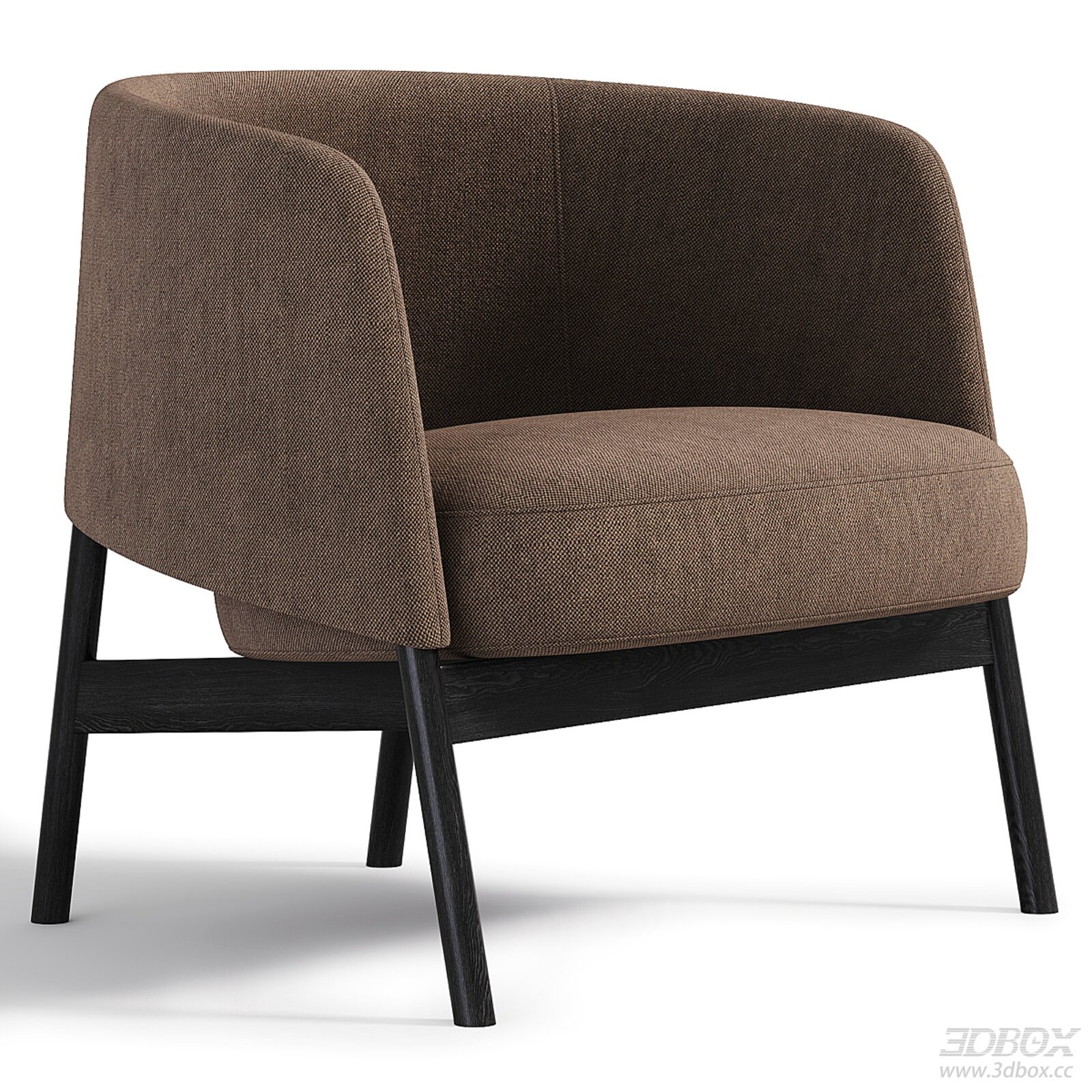 Modern Brown Fabric Upholstered Armchair with Black Oak Legs 3D model - front view