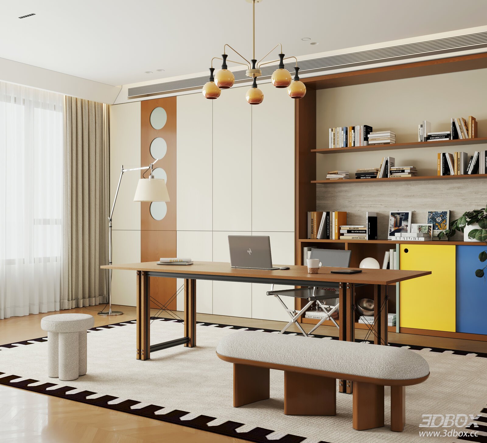 Modern Mid-century Bauhaus Study Room Interior 3D model - front view
