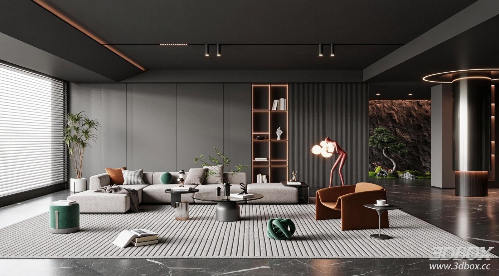 Modern Luxury Minimalist Living Room Interior with Sofa Set 3D model - front view