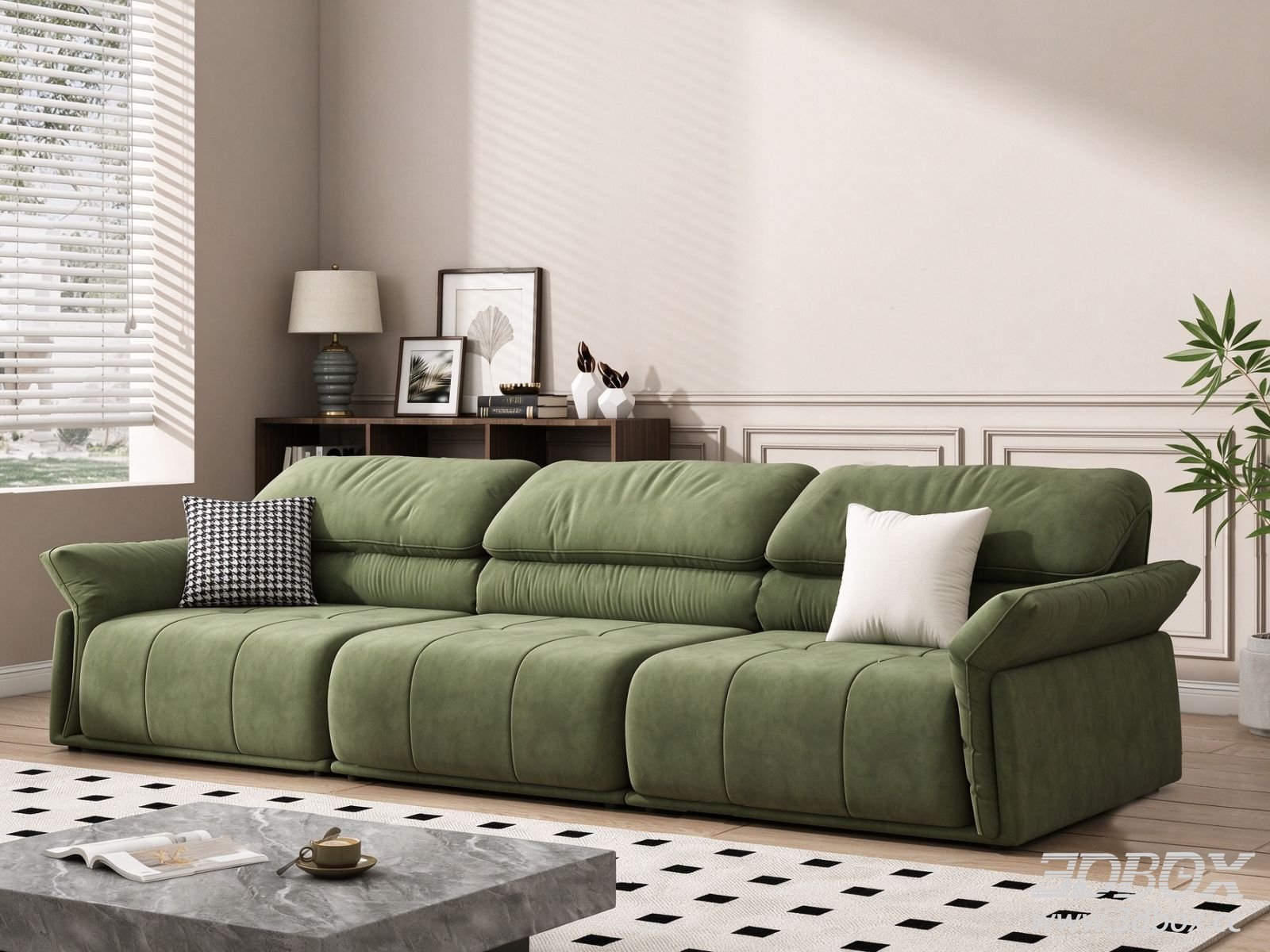 Modern Green 3-seater Fabric Sofa Set 3D model - thumbnail 1