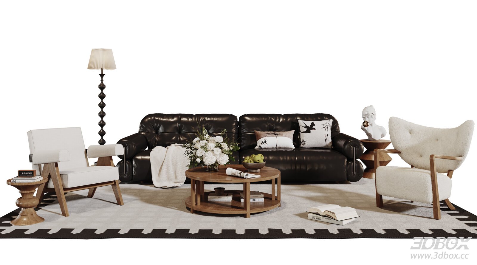 French Vintage Black Leather Sofa Set with Armchairs and Coffee Table 3D model - front view