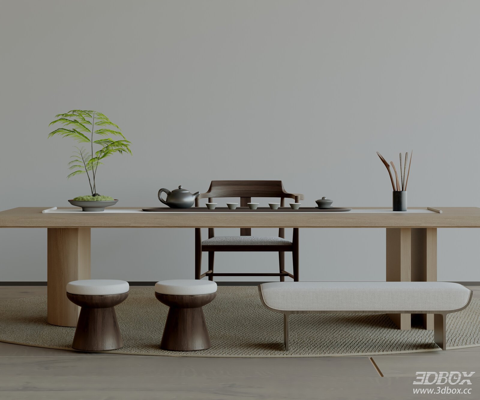Modern Minimalist Tea Room Scene with Wooden Tea Table 3D model - front view