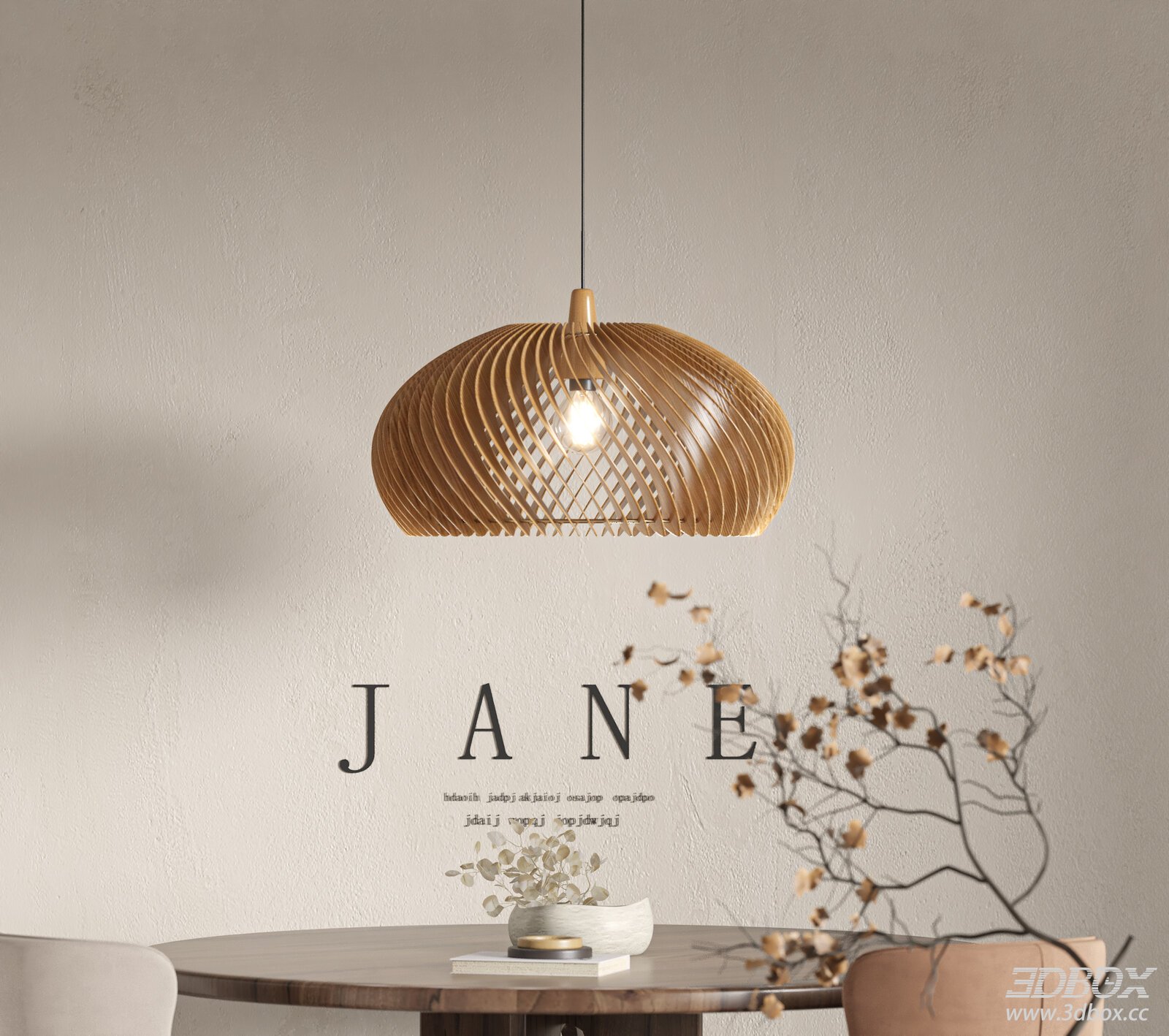Wabi Sabi Mid Century Wooden Pendant Ceiling Lamp 3D model - front view