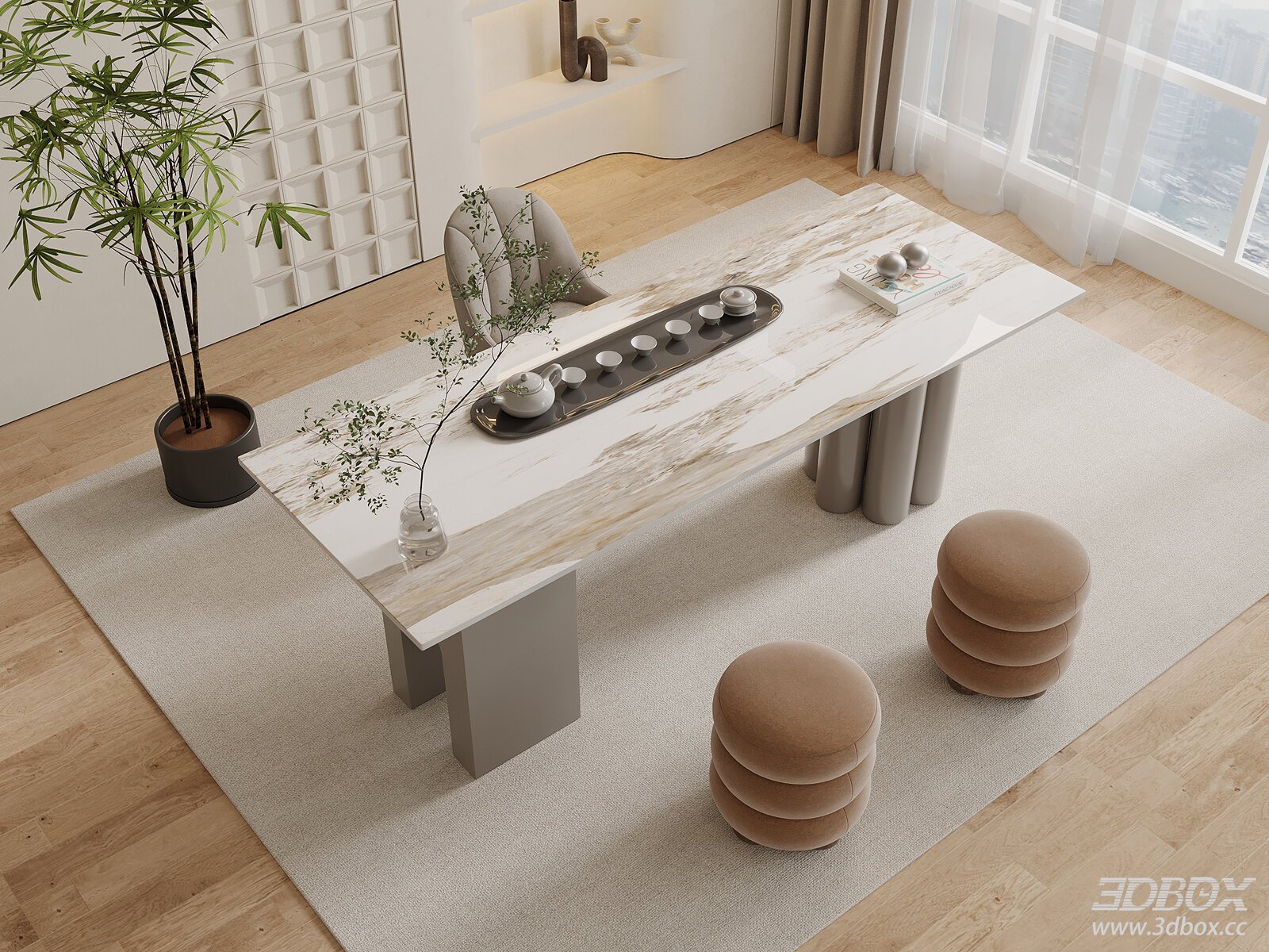 Modern Minimalist Marble Top Tea Table Room Set 3D model - front view