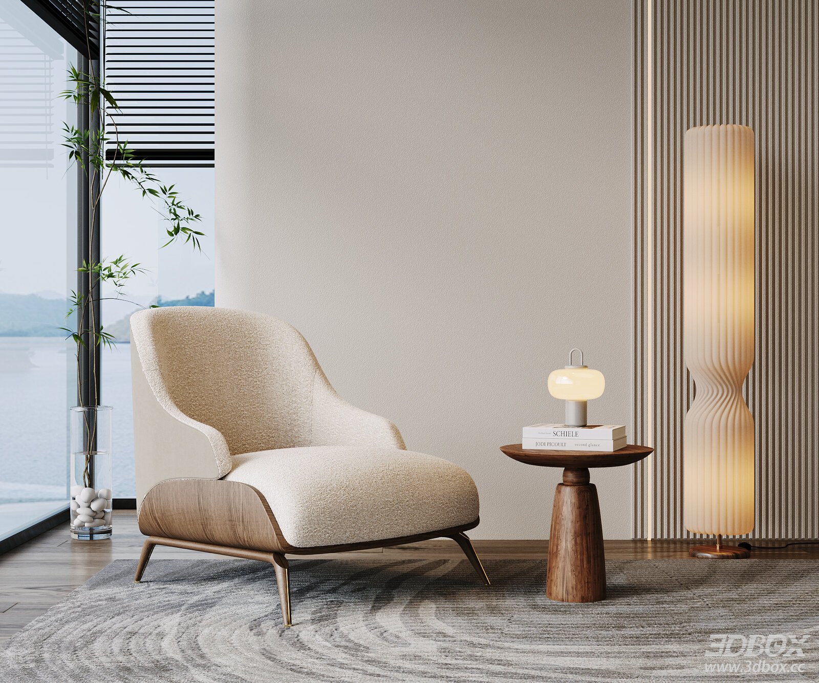 Modern Boucle Fabric Single Lounge Armchair with Wooden Base 3D model - front view