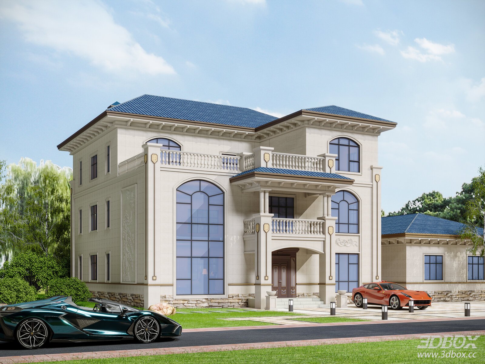 Neoclassical Luxury Villa Exterior Scene 3D model - front view